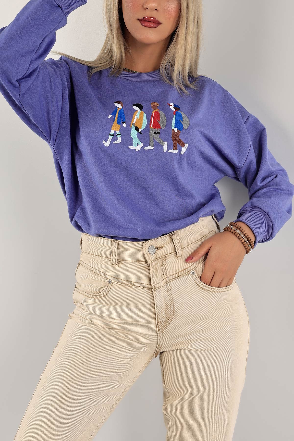 Eflatun Nakışlı İki İp Sweat 132094