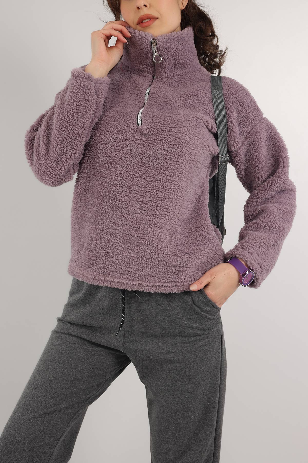 Eflatun Yarım Fermuarlı Yumoş Sweat 153487