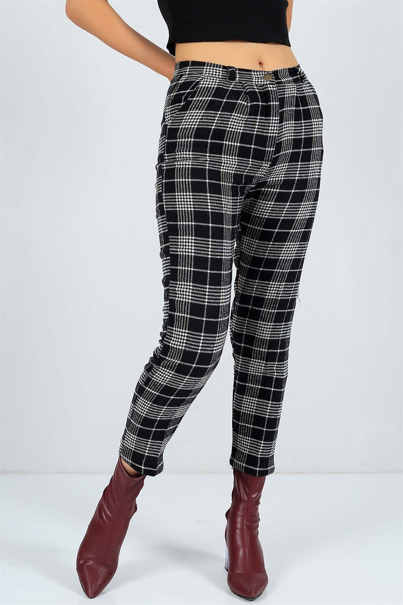 Ekose Desen Siyah Kaşe Bayan Kaşe Pantolon 23626B