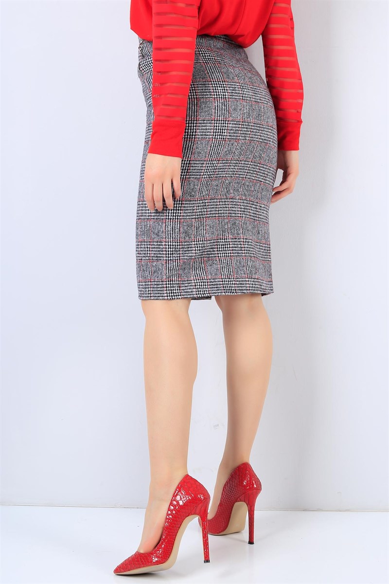Ekose Desenli Gri Kaşe Bayan Etek 22129B