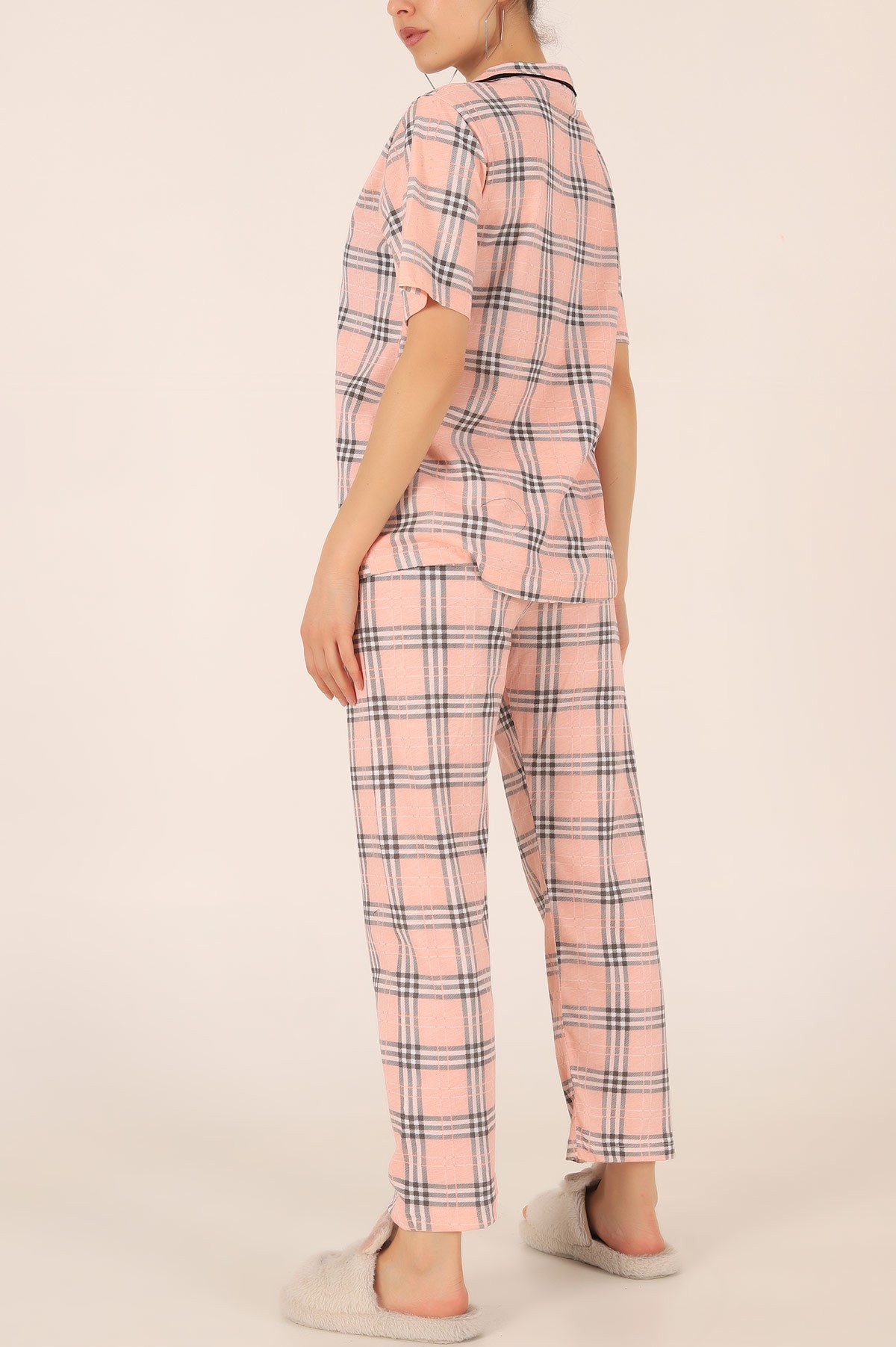 Ekose Düğmeli Desenli Bayan Pijama Takımı 172690