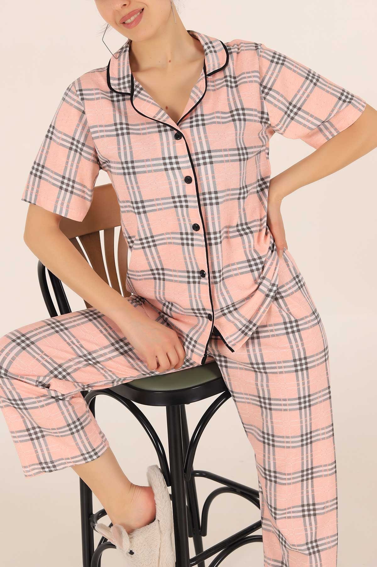 Ekose Düğmeli Desenli Bayan Pijama Takımı 172690