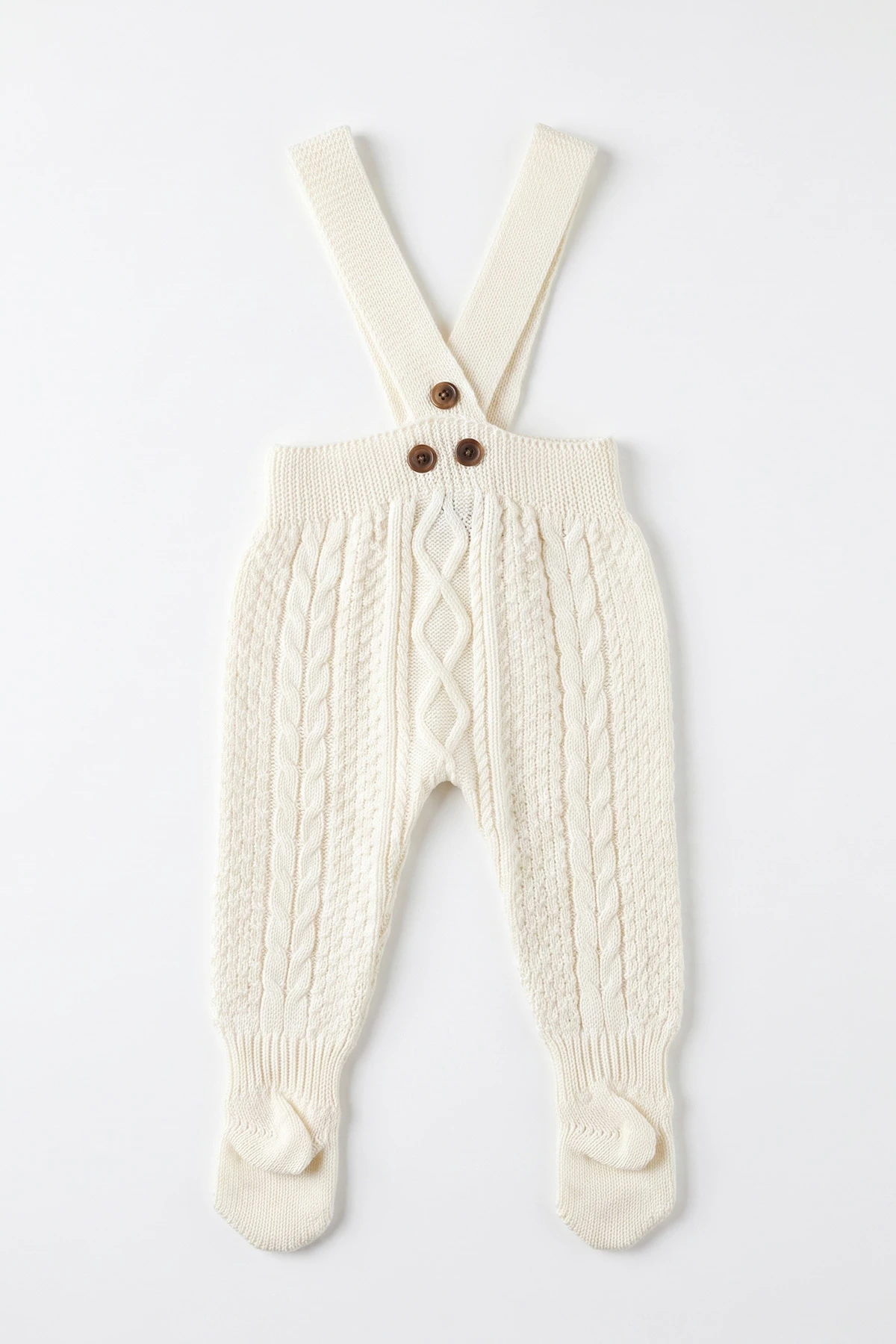 Ekru (0-12 Ay) Örgülü Ayaklı Unisex Bebek Triko Salopet 474329