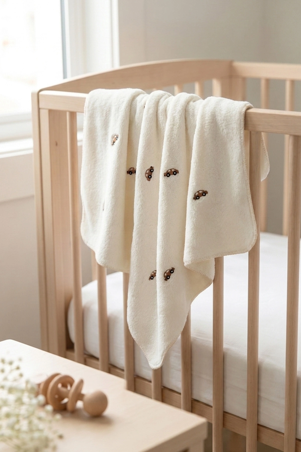 Ekru (0-18 Ay) Araba Nakışlı Peluş Erkek Bebek Battaniye 477424