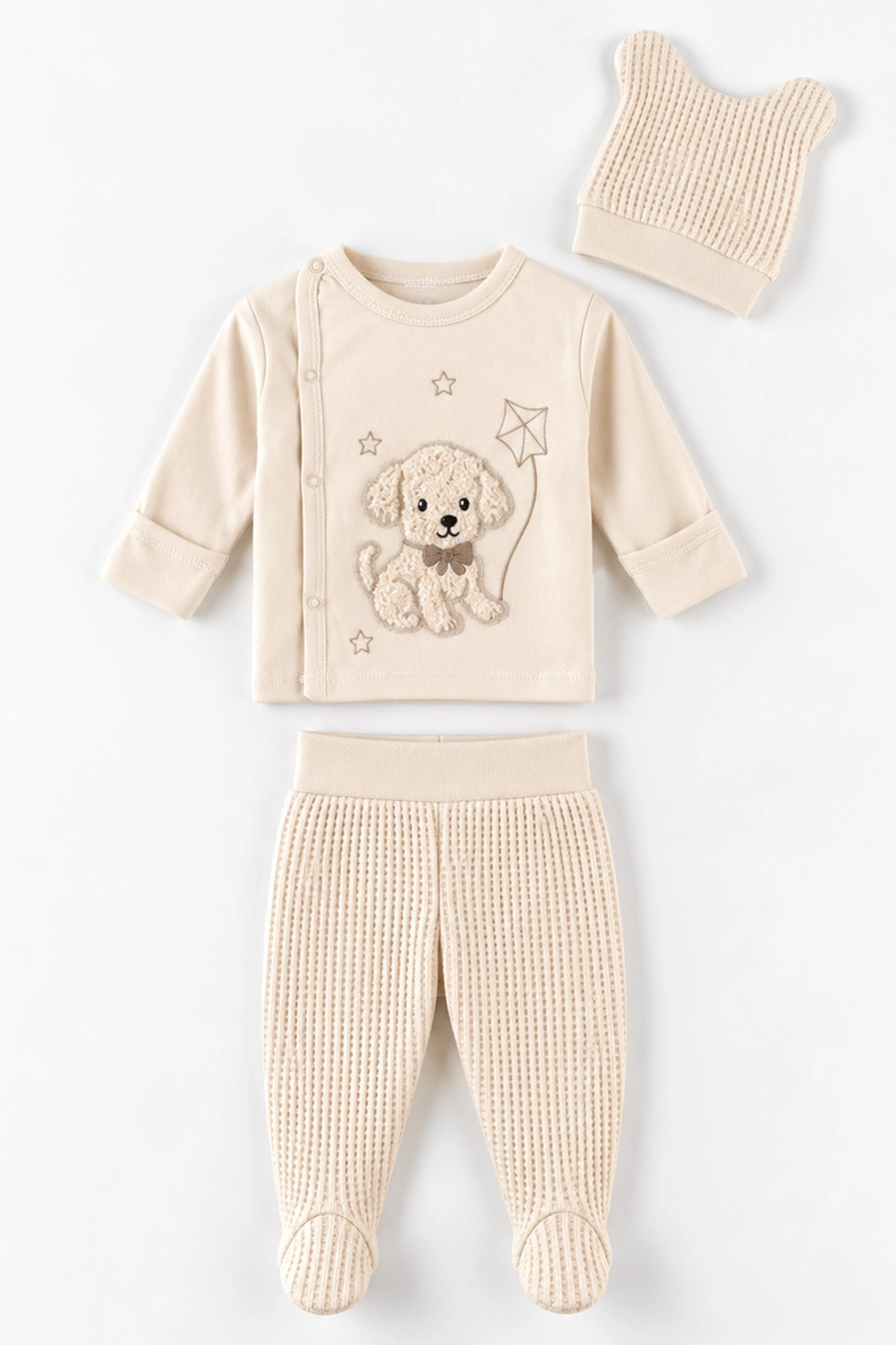 Ekru (0-3 Ay)Peluş Köpek Nakışlı Patikli ve Şapkalı Yeni Doğan Erkek Bebek 3'lü Zıbın Takım 477153