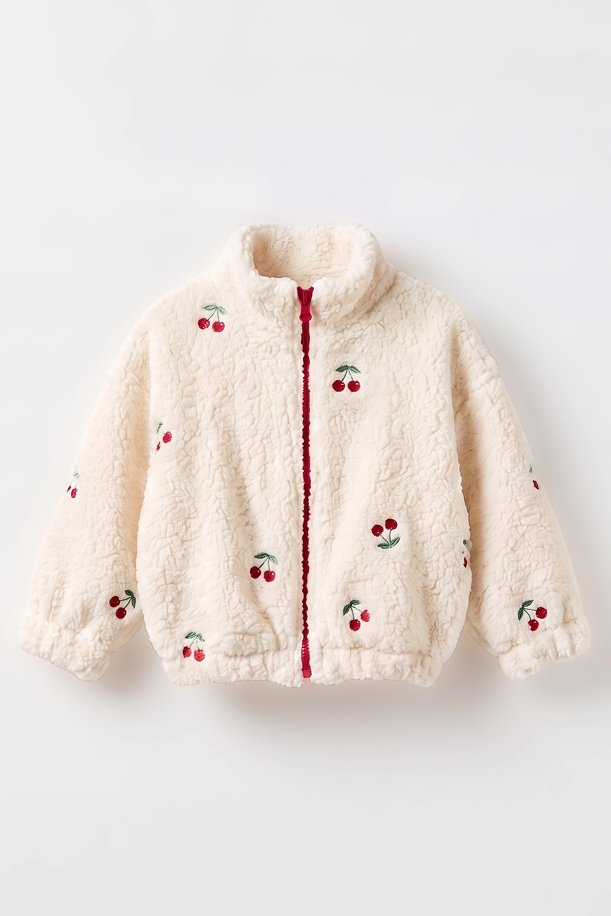 Ekru (0-4 Yaş) Vişne Nakışlı Beli Lastikli Kuzu Kız Çocuk&Bebek Hırka 487877