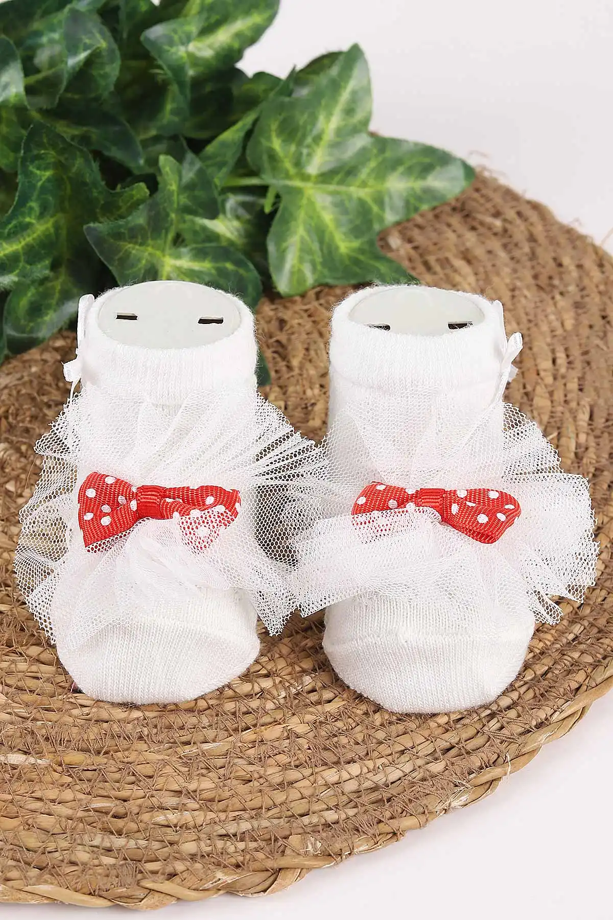 Ekru (0-6 Ay) Fiyonk Aksesuarlı Tüllü  Kız Bebek Çorap 467443