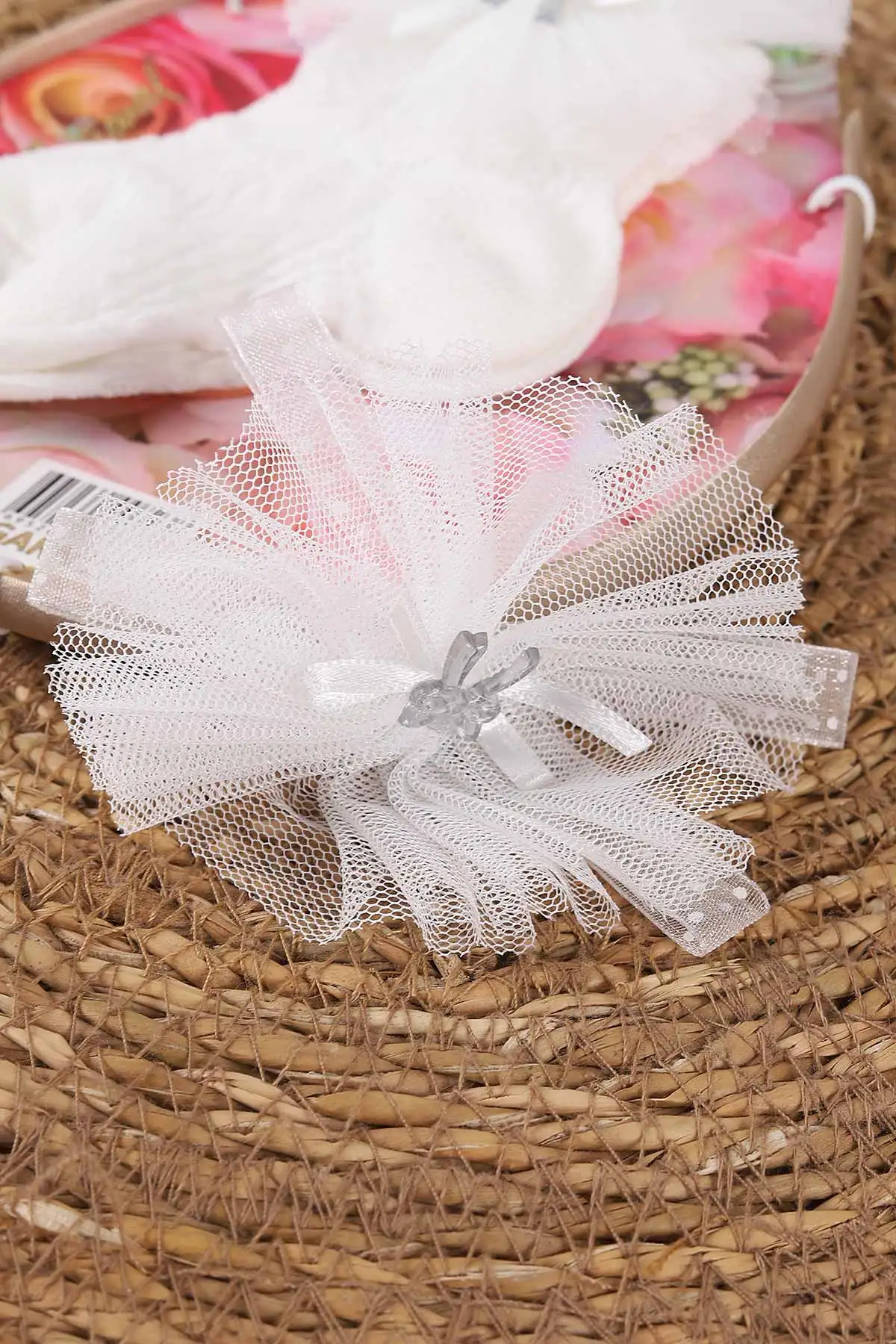 Ekru (0-6 Ay) Tüllü Fiyonklu Kız Bebek Taç ve Çorap Seti 467509