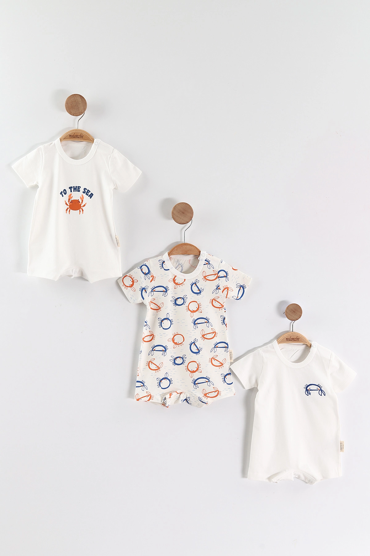 Ekru (0-6 Ay) Yengeç Baskılı Kısa Kol 3'lü Erkek Bebek Çıtçıtlı Badi 469238