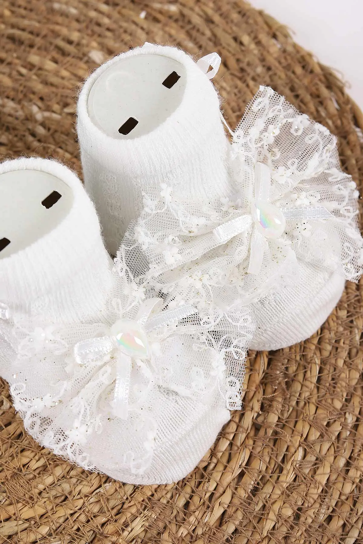 Ekru (0-6 Ay)Tül Aksesuarlı Kız Bebek Çorap 445950