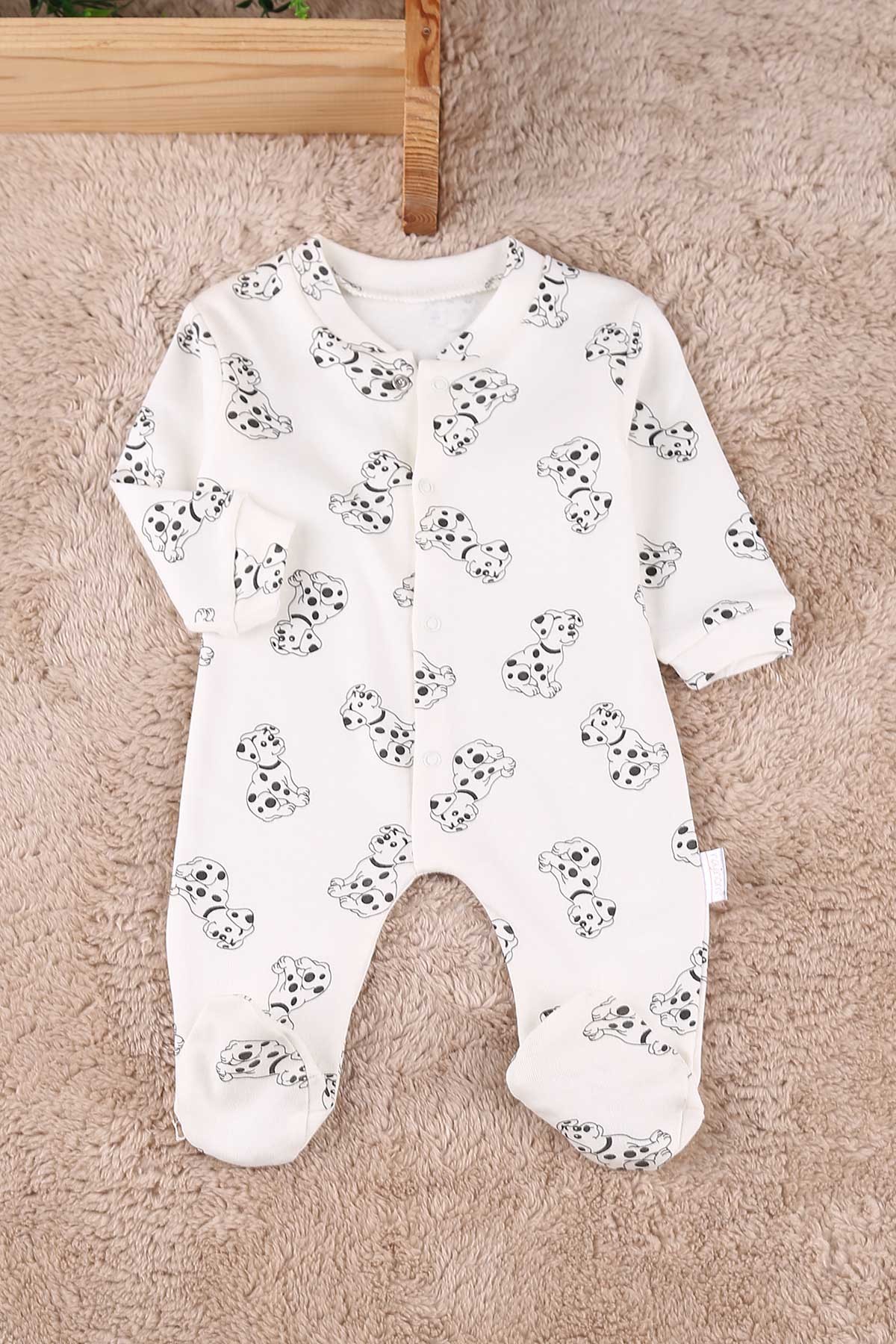 Ekru (0-9 Ay) Benekli Köpek Baskılı Çıtçıtlı Patikli Erkek Bebe Tulum 180098