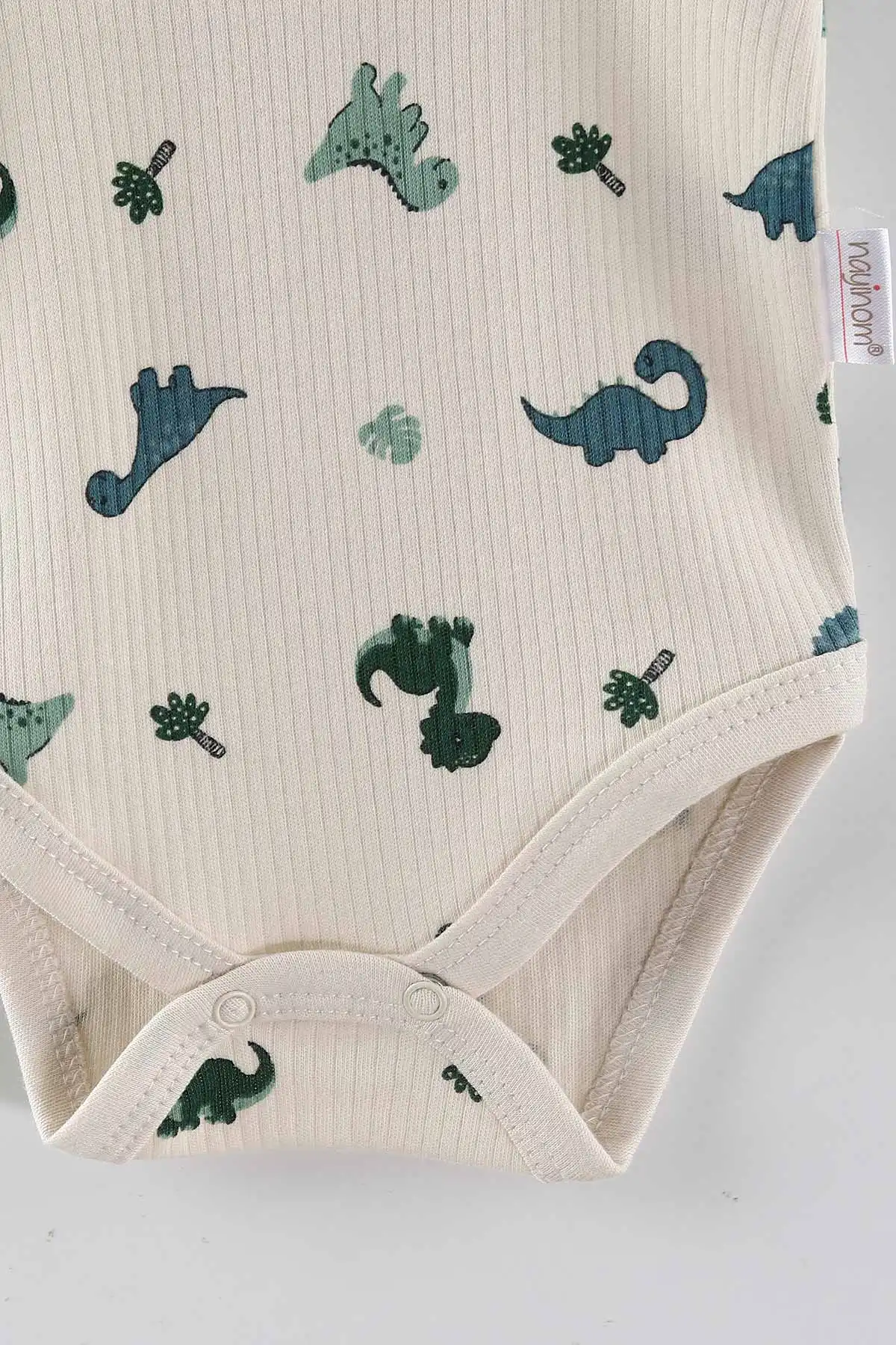 Ekru (0-9 Ay) Dino Baskılı    Unisex Bebek Çıtçıtlı Badi 441452
