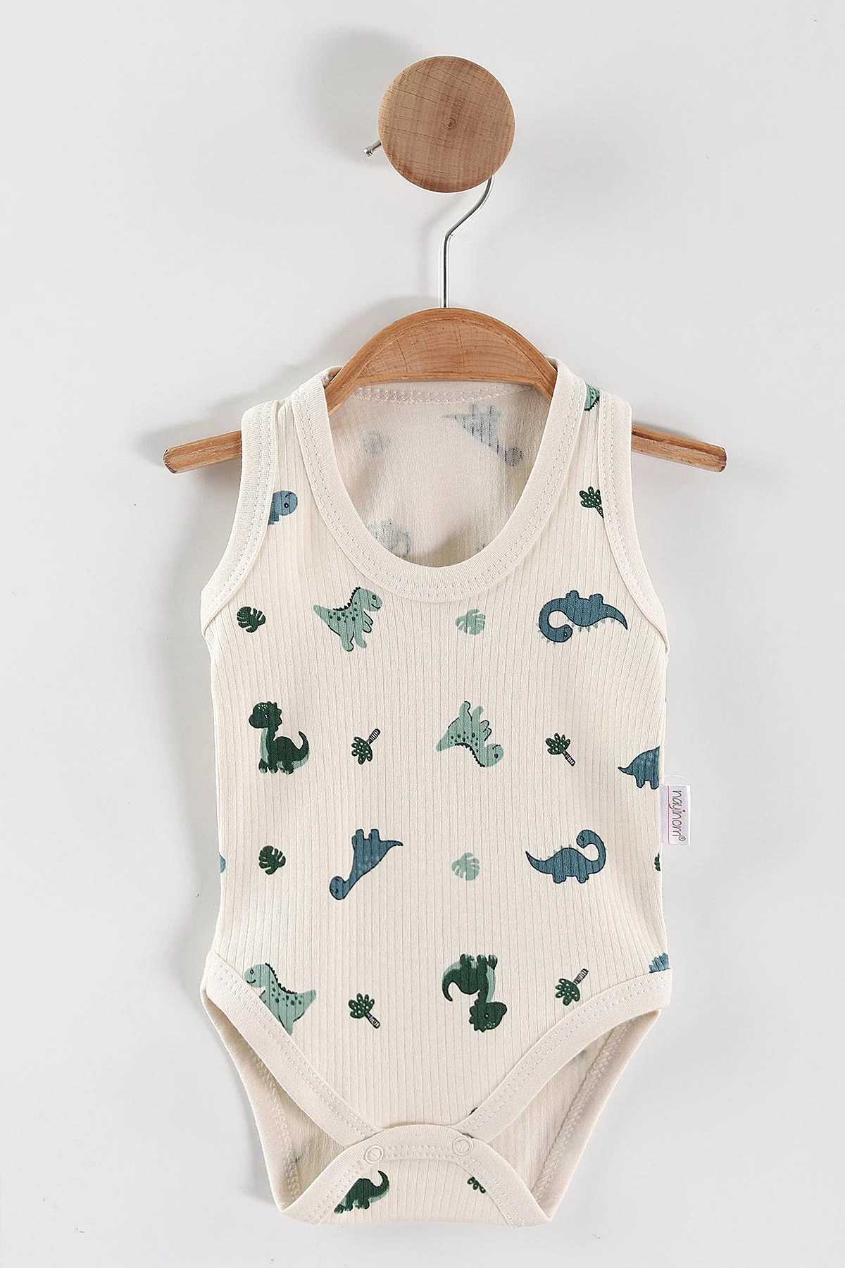 Ekru (0-9 Ay) Dino Baskılı    Unisex Bebek Çıtçıtlı Badi 441452