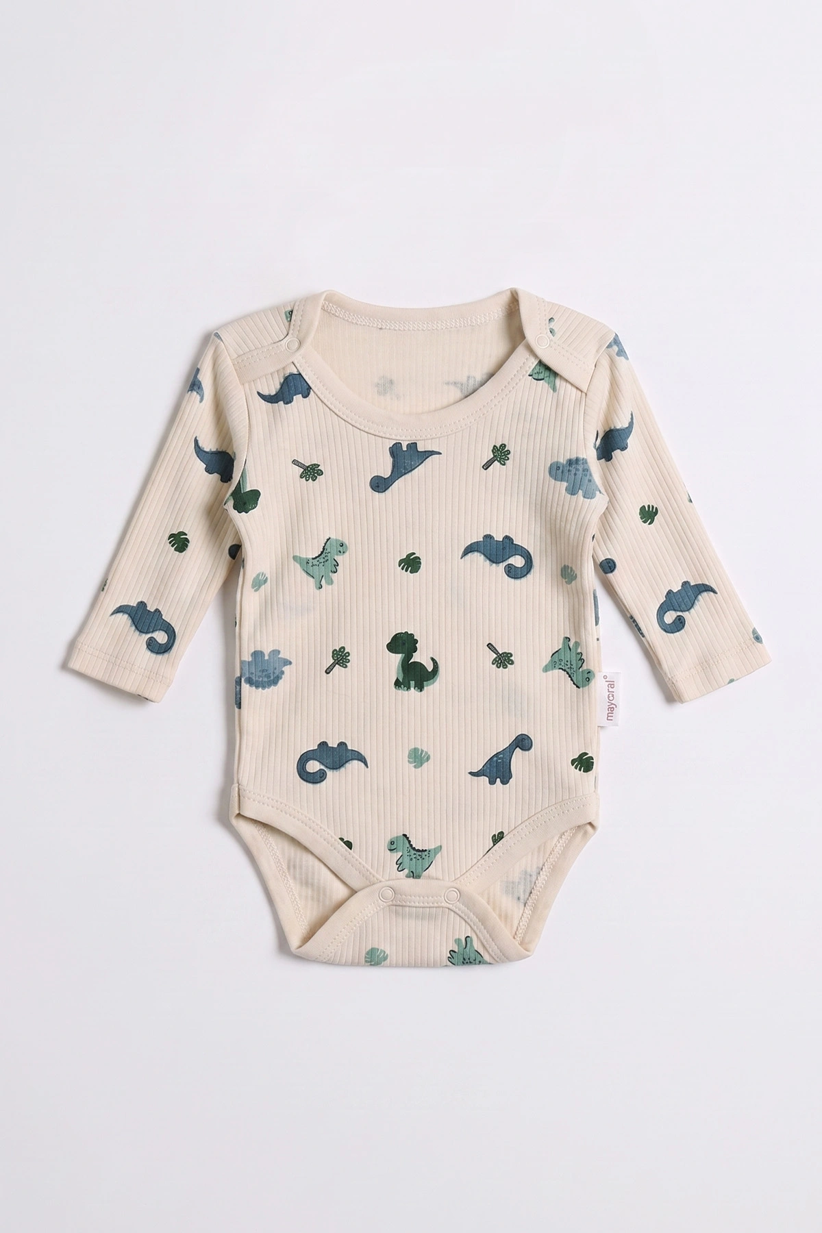 Ekru (0-9 Ay )  Dinozor Desenli  Uzun Kollu    Bebek & Çocuk Çıtçıtlı Badi 480357