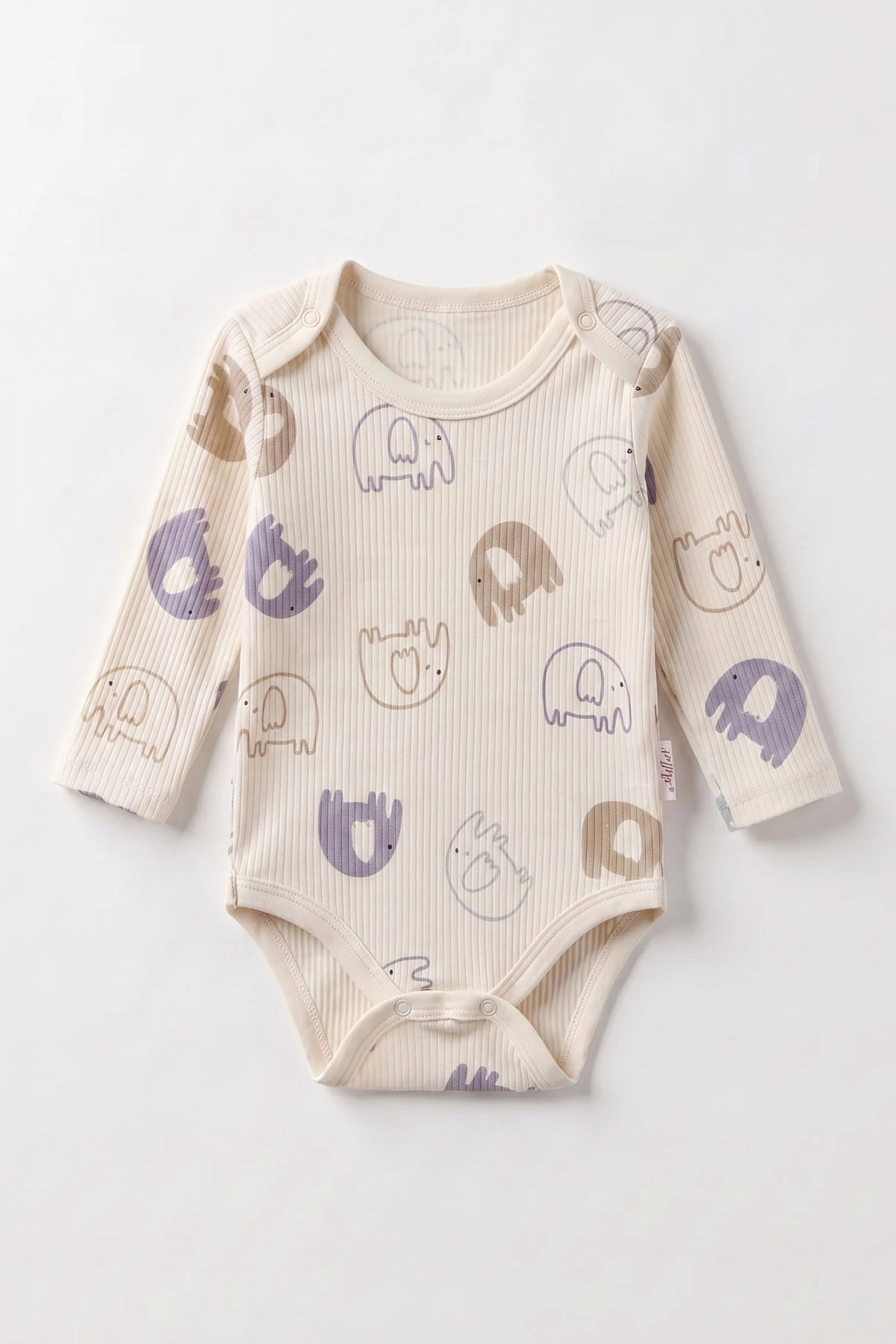 Ekru (0-9 Ay )Fil Desenli  Uzun Kollu    Bebek & Çocuk Çıtçıtlı Badi 480359