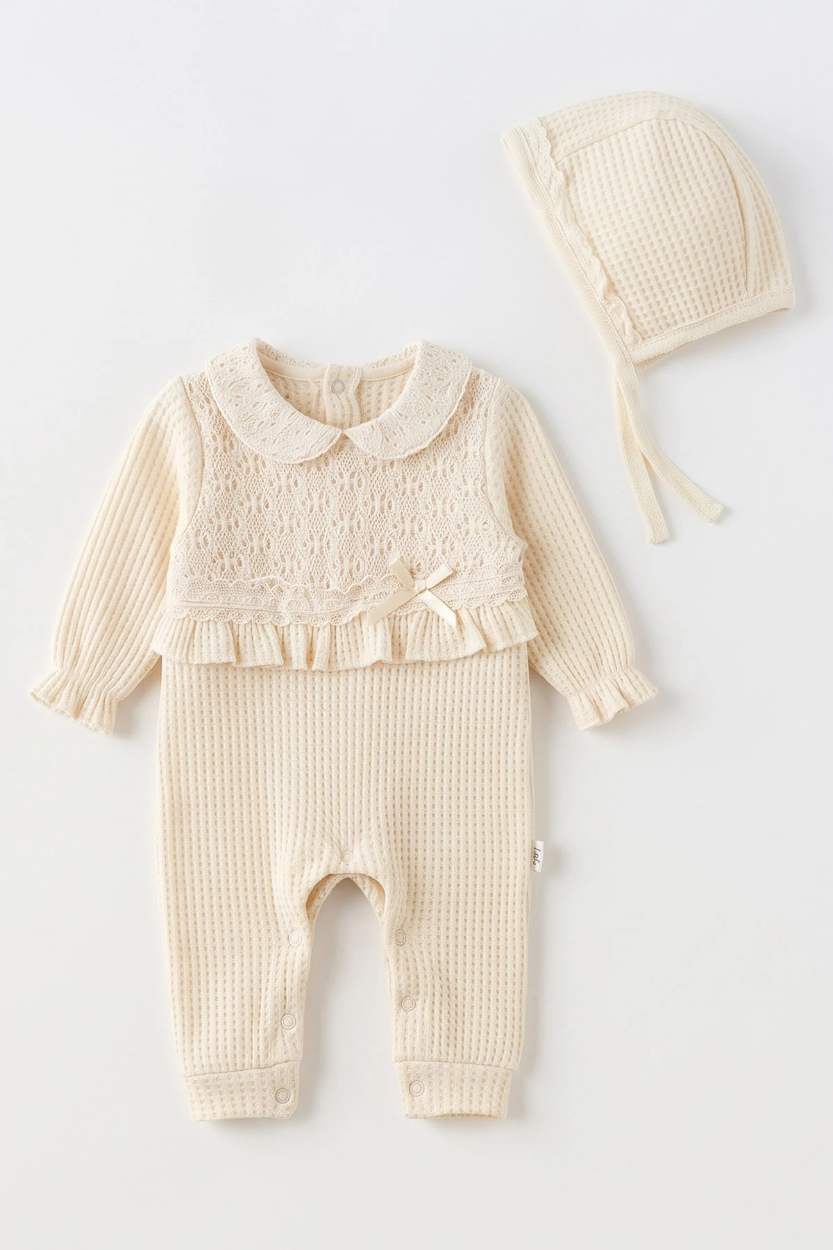 Ekru (0-9 Ay) Göbeği Dantelli Bebe Yaka  Şapkalı Waffle Kız Bebe Tulum 494417