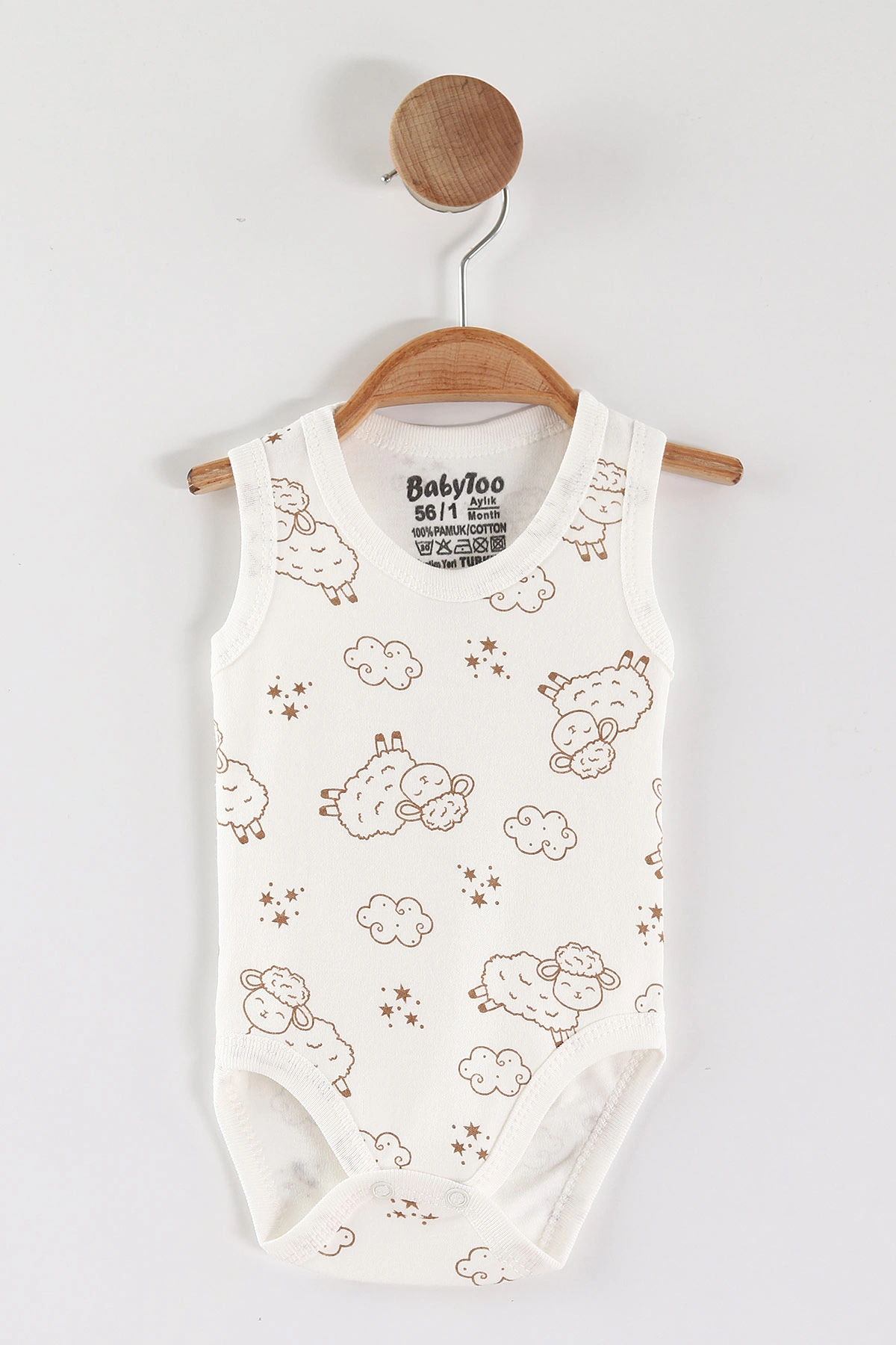Ekru (0-9 Ay) Kuzu Desenli   Sıfır Kol Bebek Çıtçıtlı Badi 462994