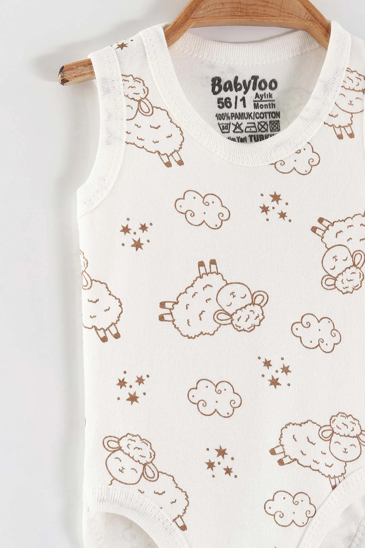 Ekru (0-9 Ay) Kuzu Desenli   Sıfır Kol Bebek Çıtçıtlı Badi 462994