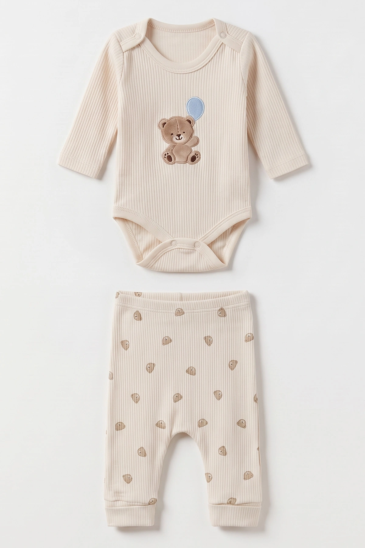 Ekru (0-9 Ay) Minik Ayıcık Nakışlı Kapüşonlu Çıtçıtlı Hırkalı 3'lü Erkek Bebe Takım 475933