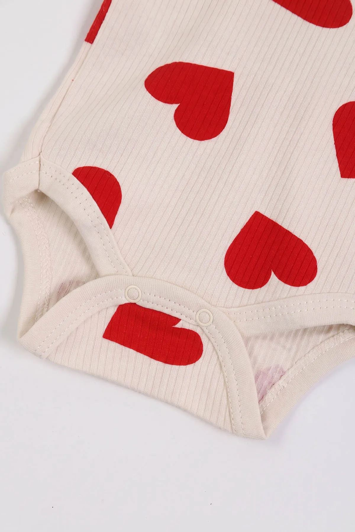 Ekru (0-9 Ay )Raporlu Kalp Desenli  Uzun Kollu Kız    Bebek & Çocuk Çıtçıtlı Badi 480387