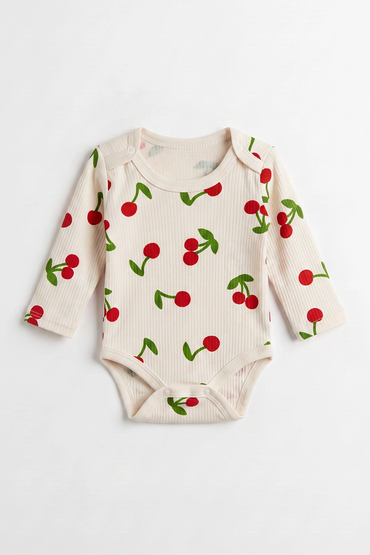 Ekru (0-9 Ay )Raporlu Kiraz Desenli  Uzun Kollu Kız    Bebek & Çocuk Çıtçıtlı Badi 480384