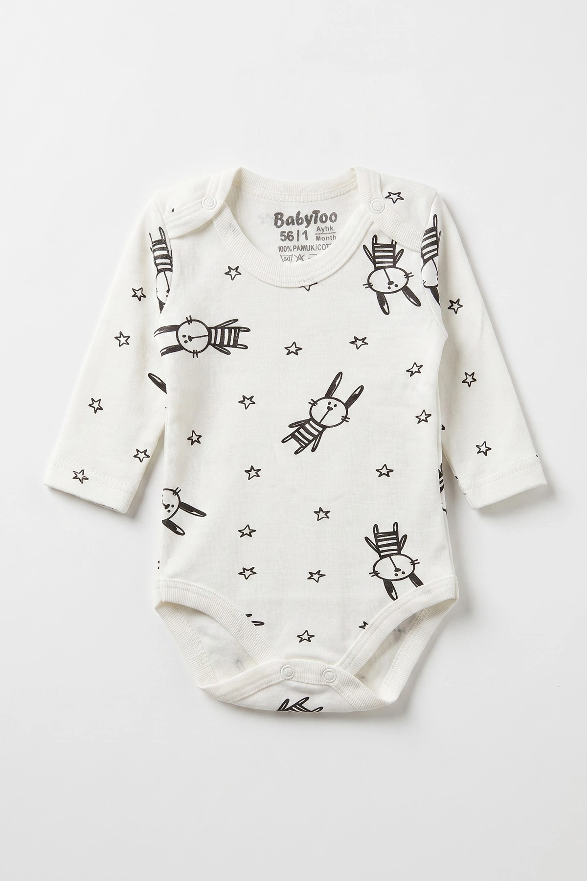 Ekru (0-9 Ay) Yıldızlı Tavşan  Desenli Bebek Çıtçıtlı Badi 482299