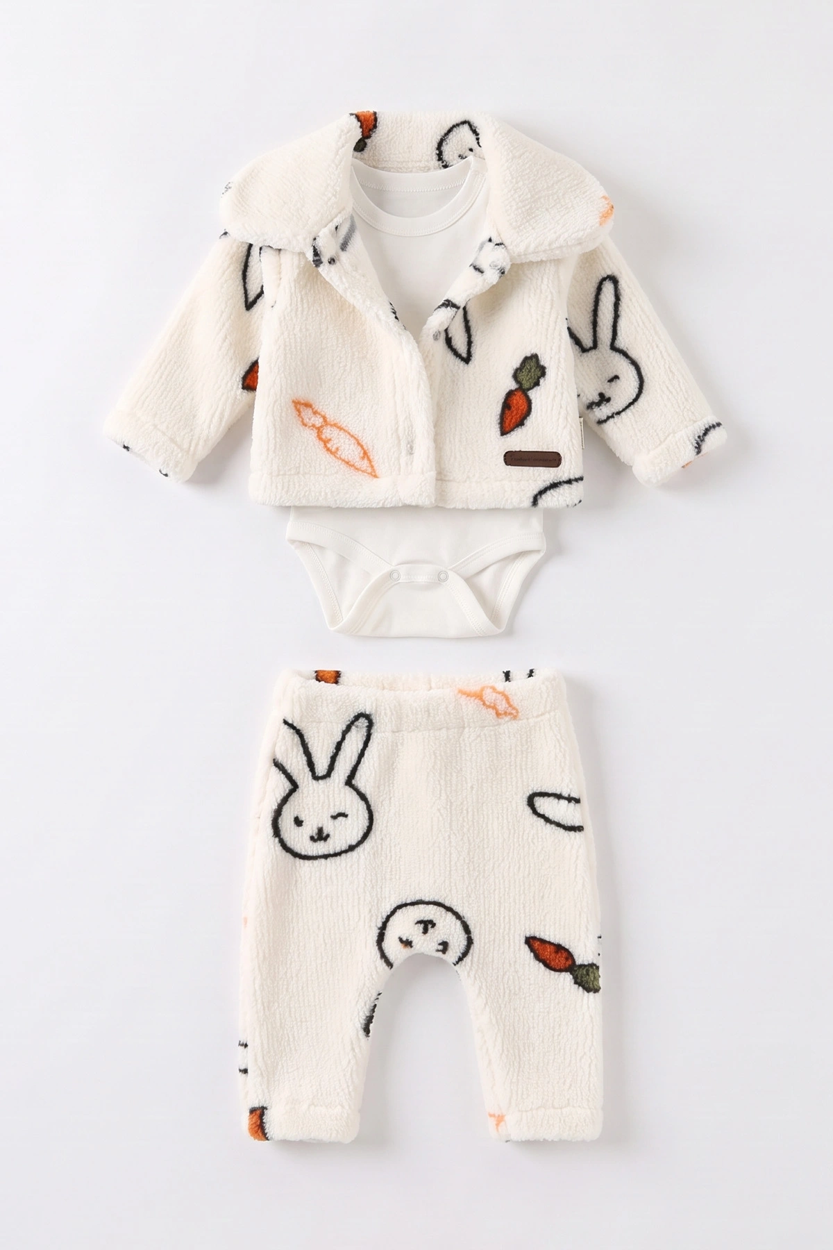 Ekru (0-9 Ay) Zıbınlı  Tavşan Desenli Peluş Ceket ve Pantolonlu Kız Bebek 3'lü Takım 495694