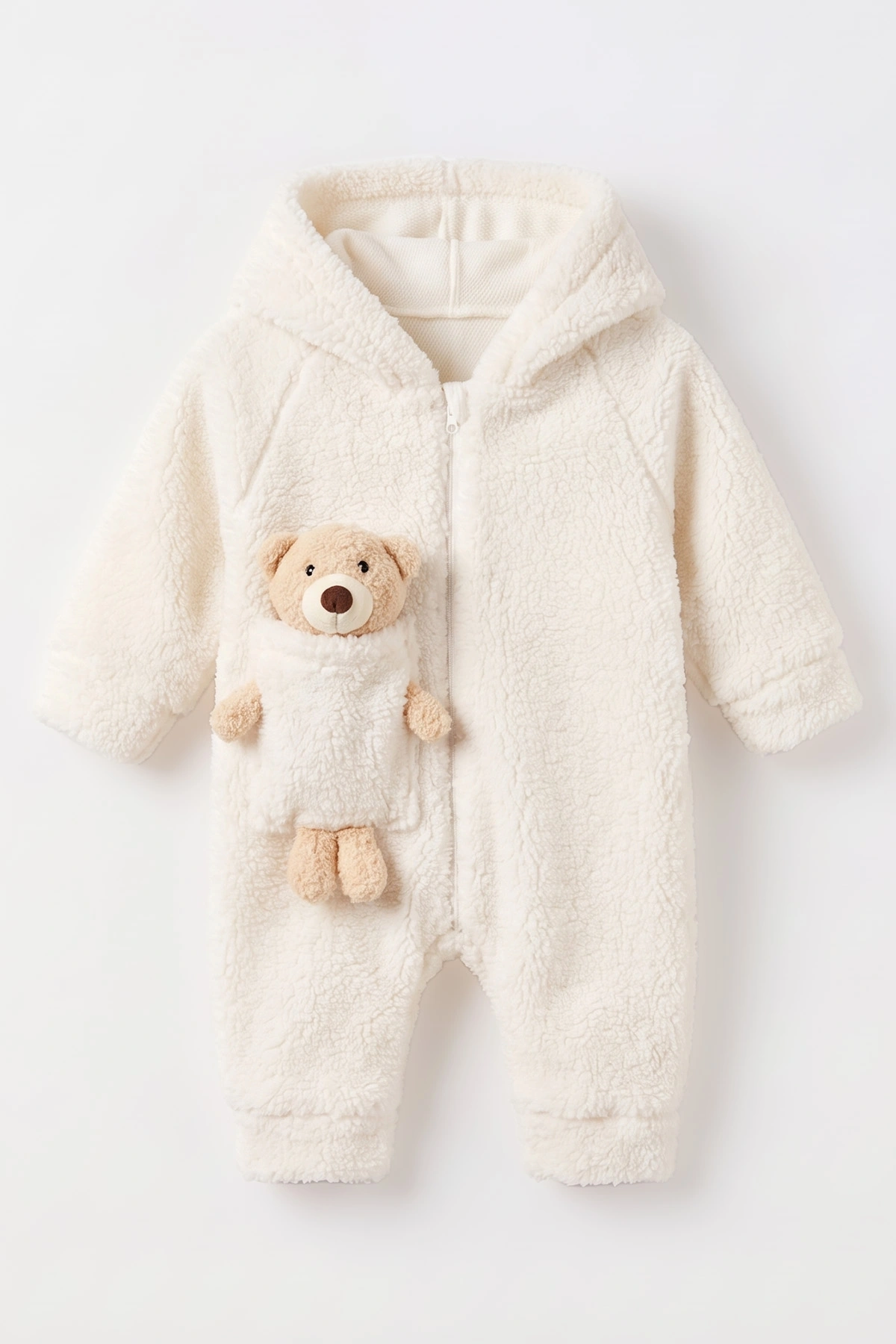Ekru (1-3 Yaş) Ayı Oyuncaklı Kapüşonlu Unisex Çocuk&Bebek Peluş  Tulum 495654