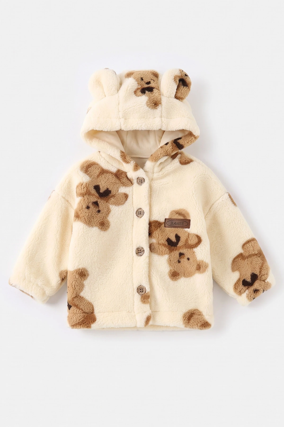 Ekru (1-3 Yaş) Ayıcık Desenli Kapüşonlu Polar Kız Çocuk&Bebek Hırka 495941
