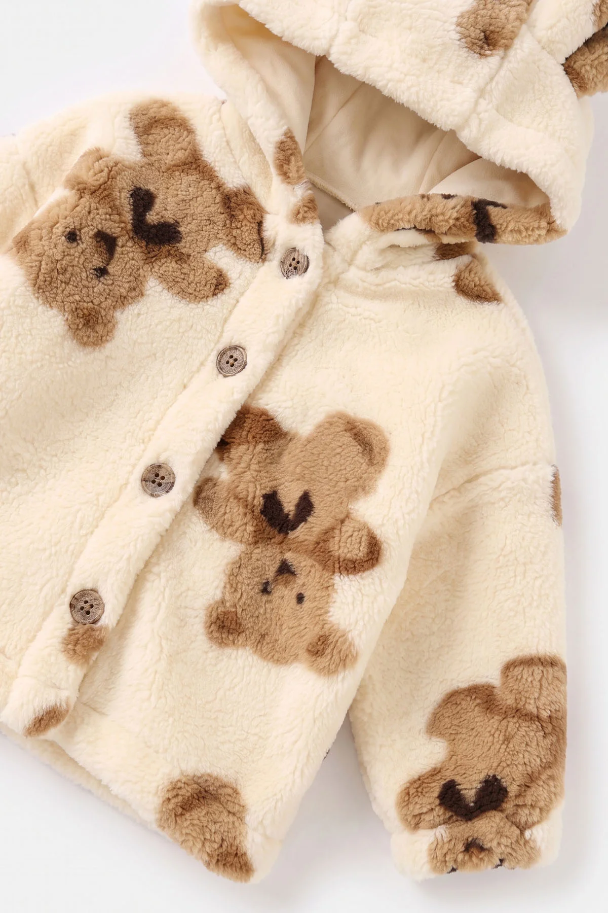 Ekru (1-3 Yaş) Ayıcık Desenli Kapüşonlu Polar Kız Çocuk&Bebek Hırka 495941