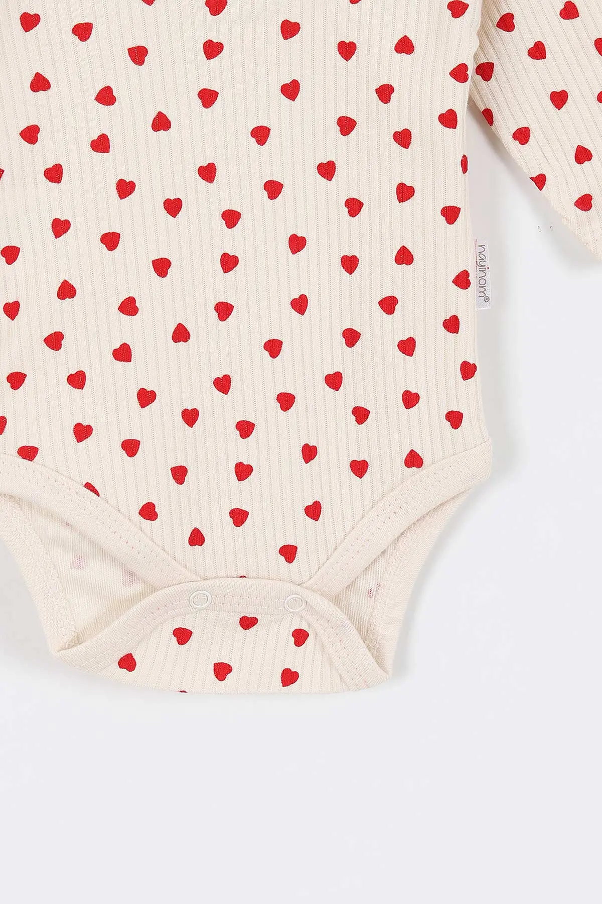 Ekru (1-3 Yaş) Rapor Model Kalp Baskılı Uzun Kol Bebek Çıtçıtlı Badi 312334