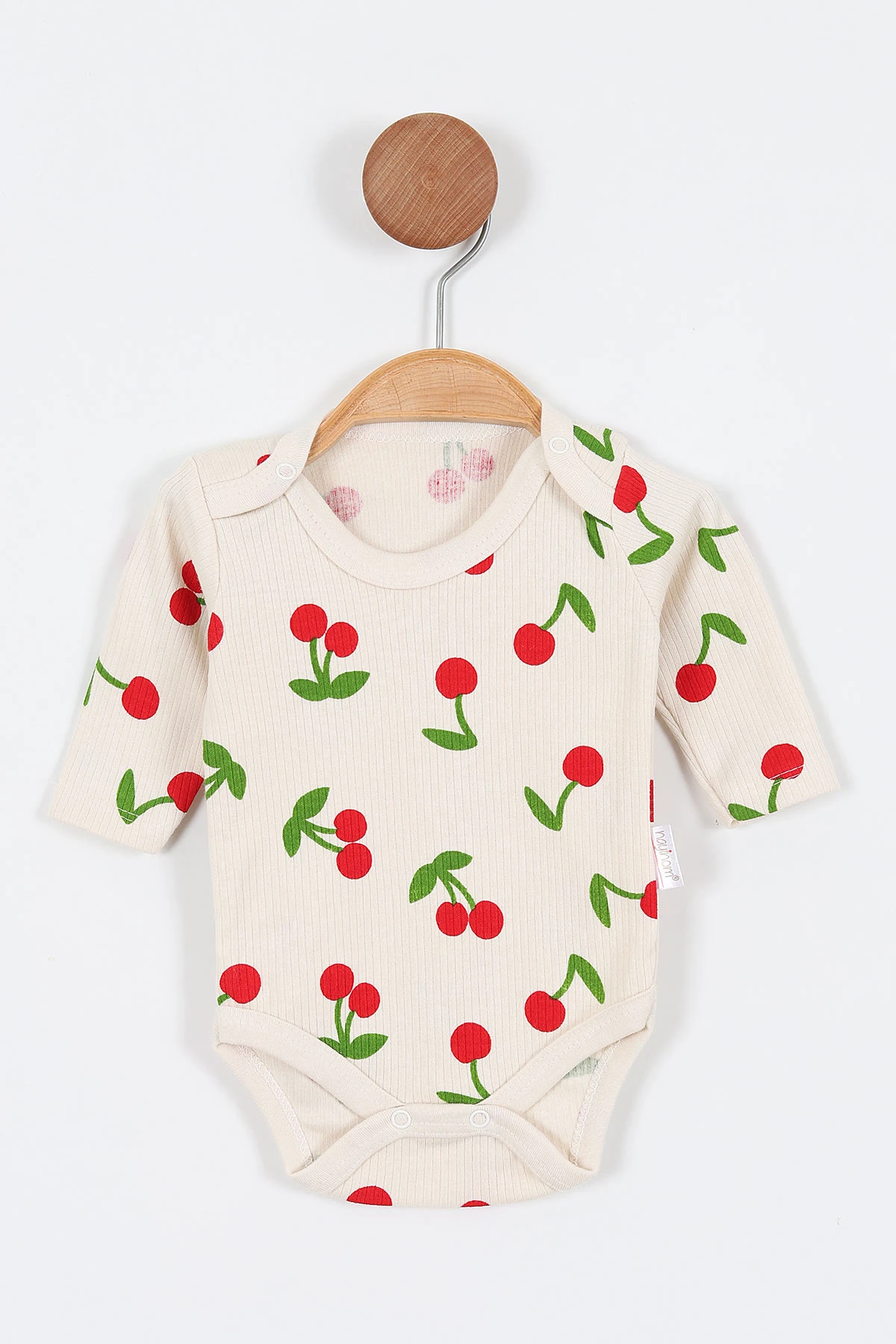 Ekru (1-3 Yaş)  Rapor Model Kiraz Baskılı Uzun Kol Bebek Çıtçıtlı Badi 312332