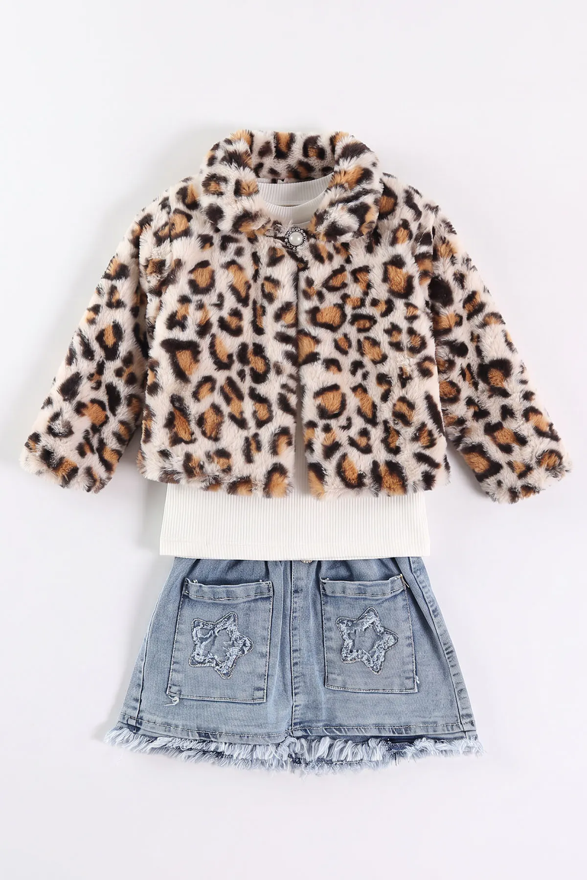 Ekru (1-5 Yaş) Fitilli Bodyli Leopar Peluş Ceketli  Nakışlı Kot Etekli Kız Çocuk 3lü Takım 499752
