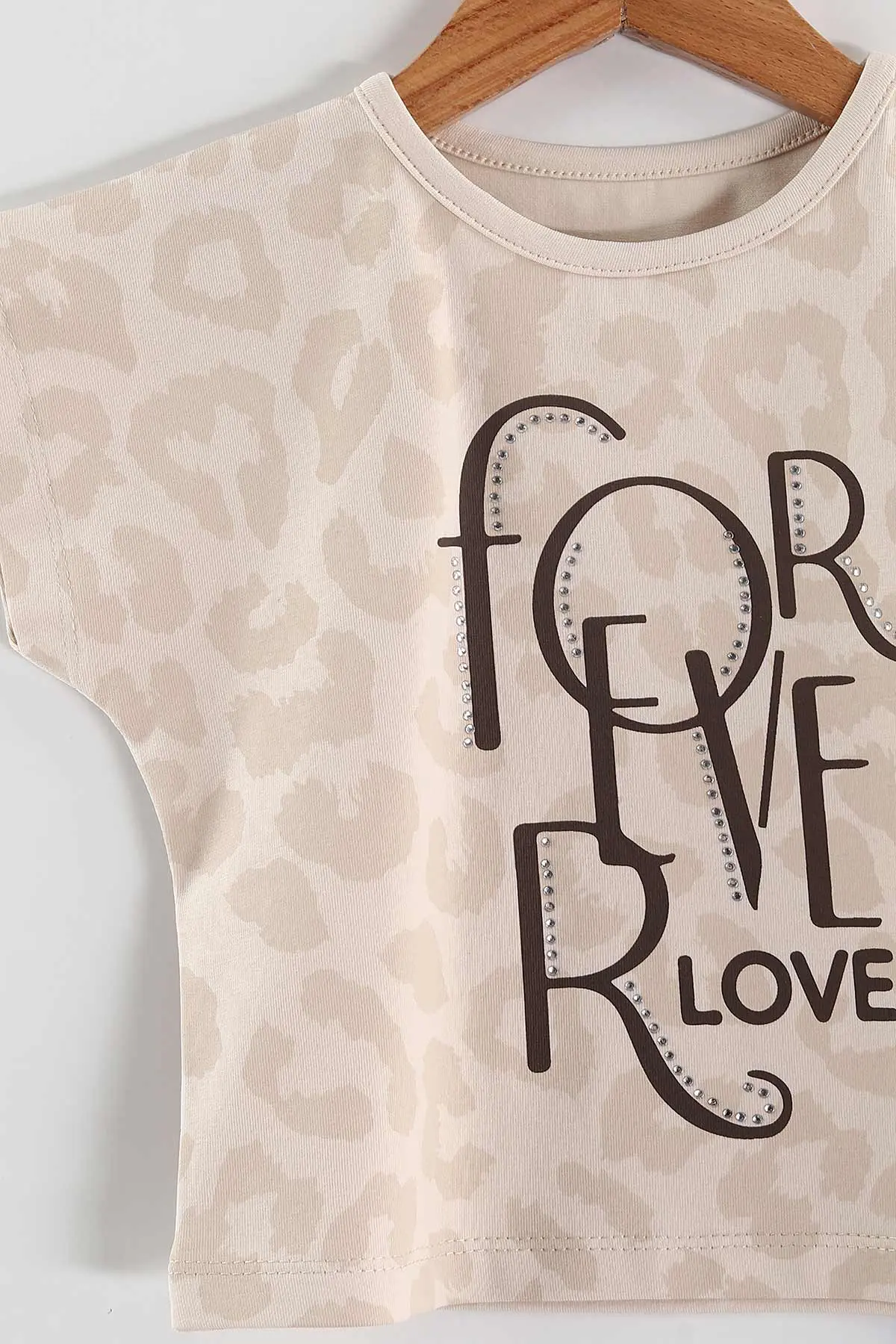 Ekru (1-5 Yaş) For Love Taş Baskılı  Tensel Pantolonlu Kız Çocuk Yazlık Takım 436643