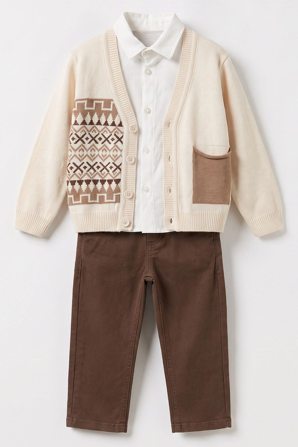 Ekru (1-6 Yaş)Gömlekli Desenli Triko Hırkalı Gabardin Pantolonlu Erkek Çocuk 3'lü Takım 500879