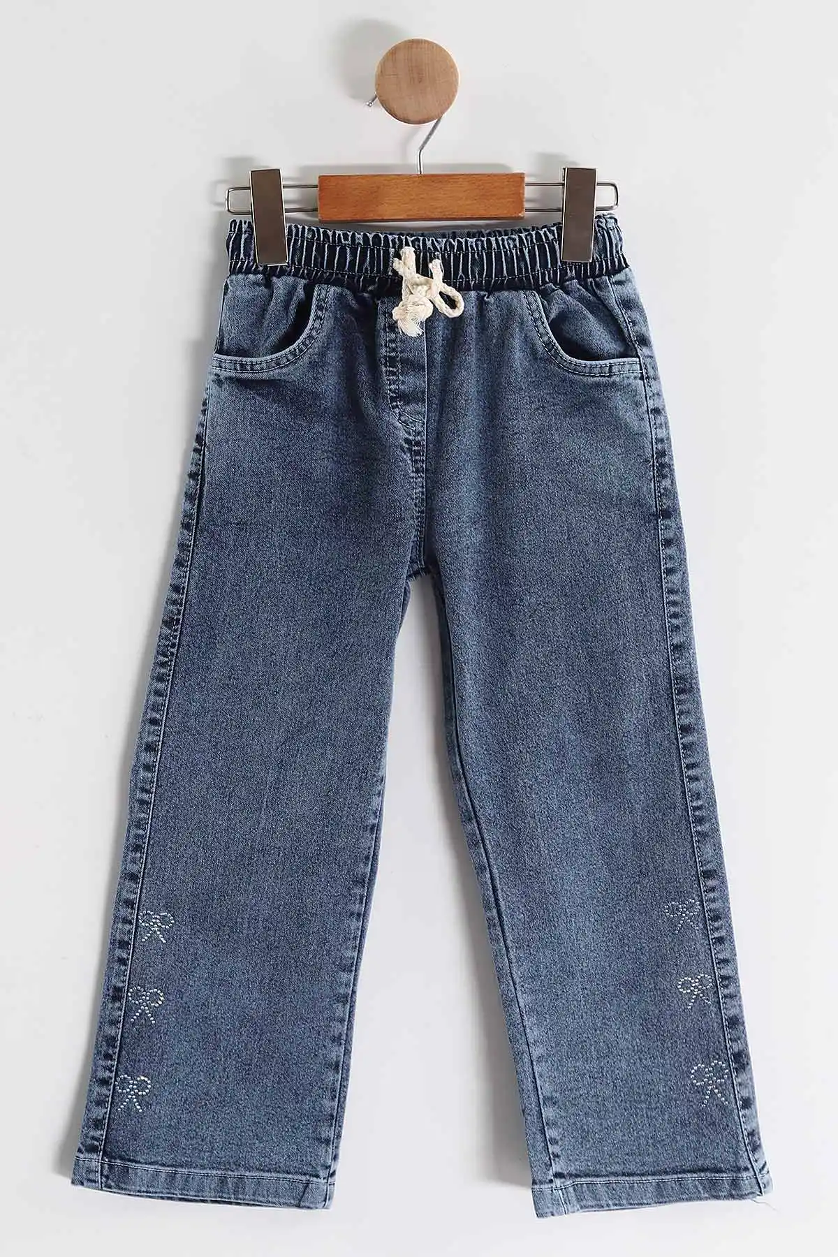 Ekru (1-9 Yaş)  Fiyonk Nakışlı Taşlı  Kot Pantolonlu Kız Çocuk 2'li Takım 438549