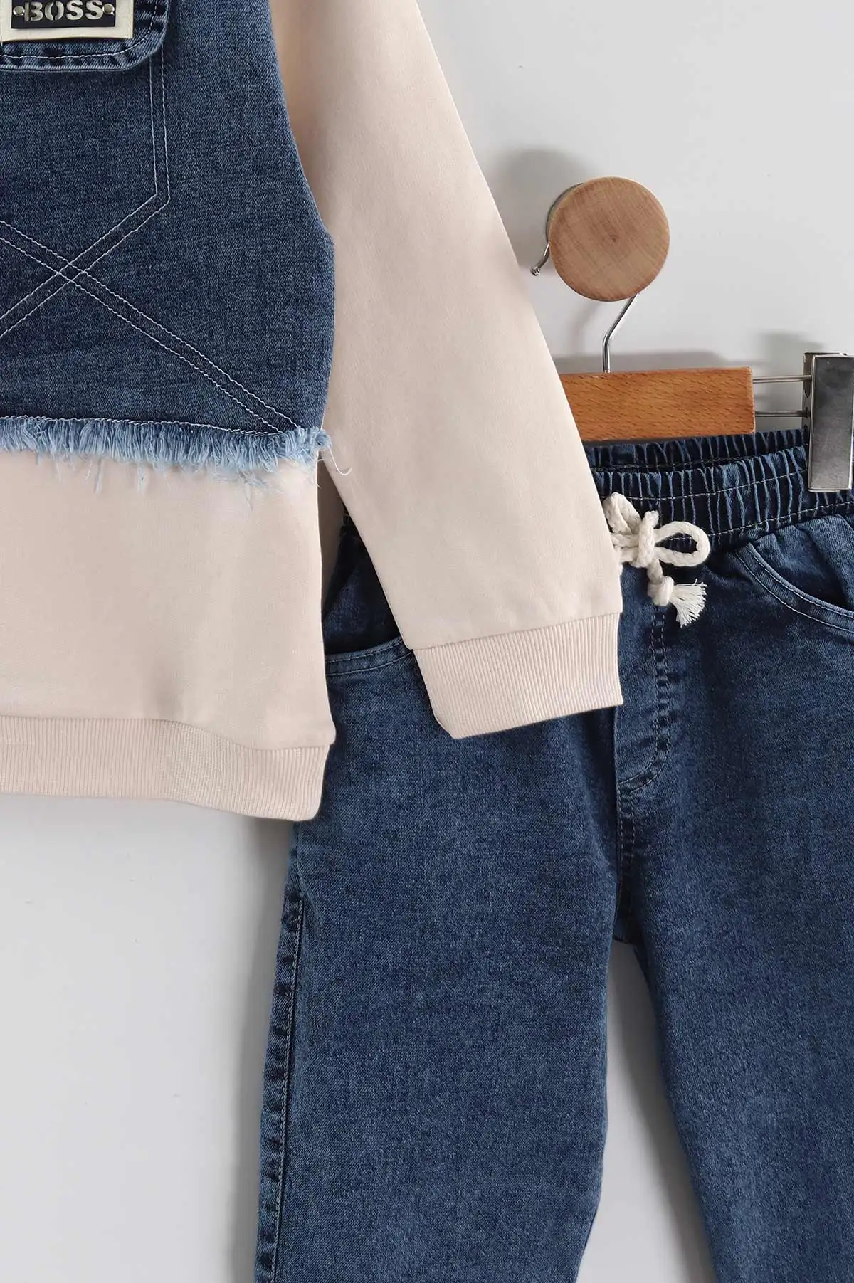 Ekru (1-9 Yaş ) Kot Detay Sweatli Kot Pantolonlu Kız Çocuk 2'li Takım 440114