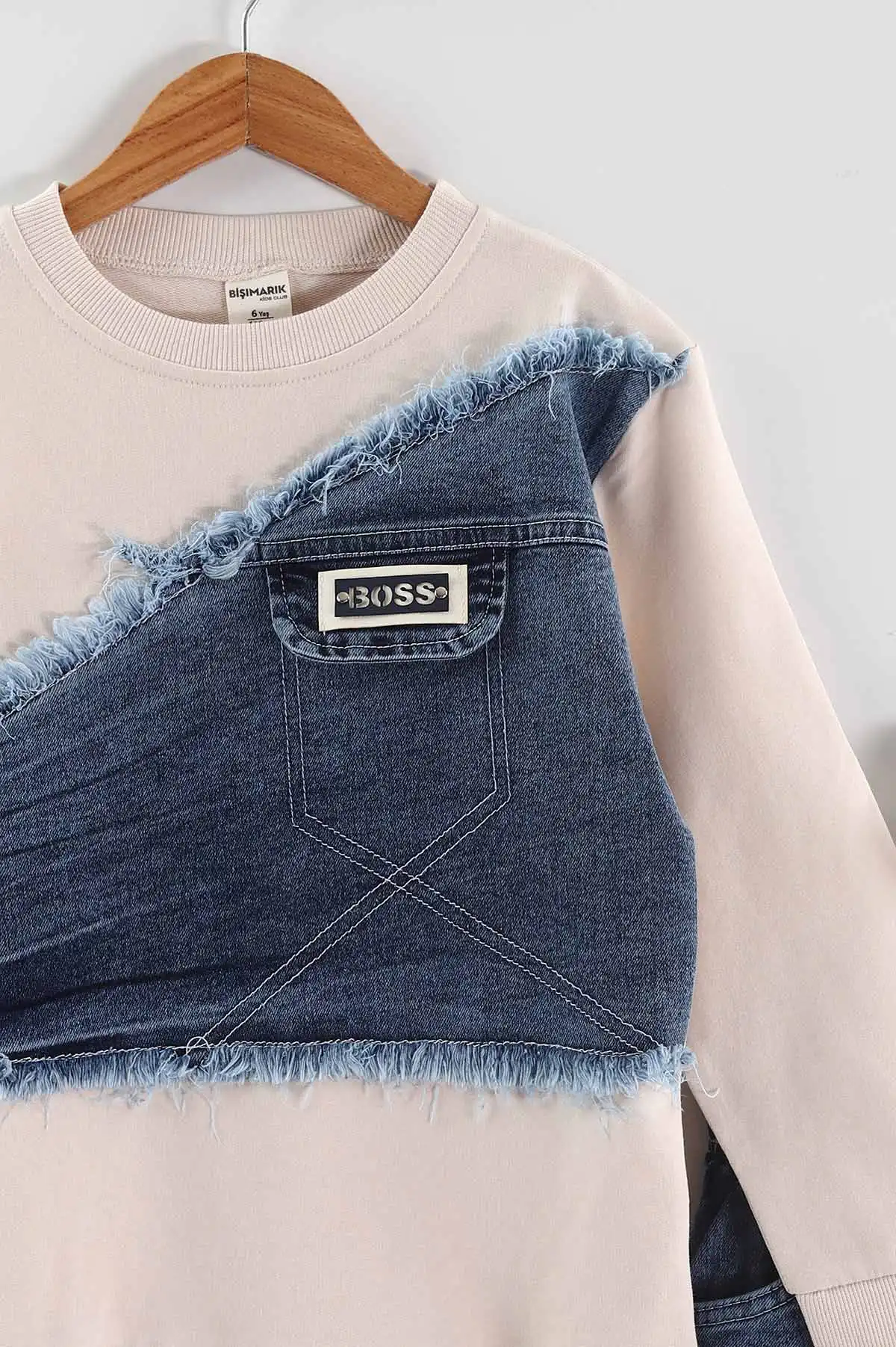 Ekru (1-9 Yaş ) Kot Detay Sweatli Kot Pantolonlu Kız Çocuk 2'li Takım 440114