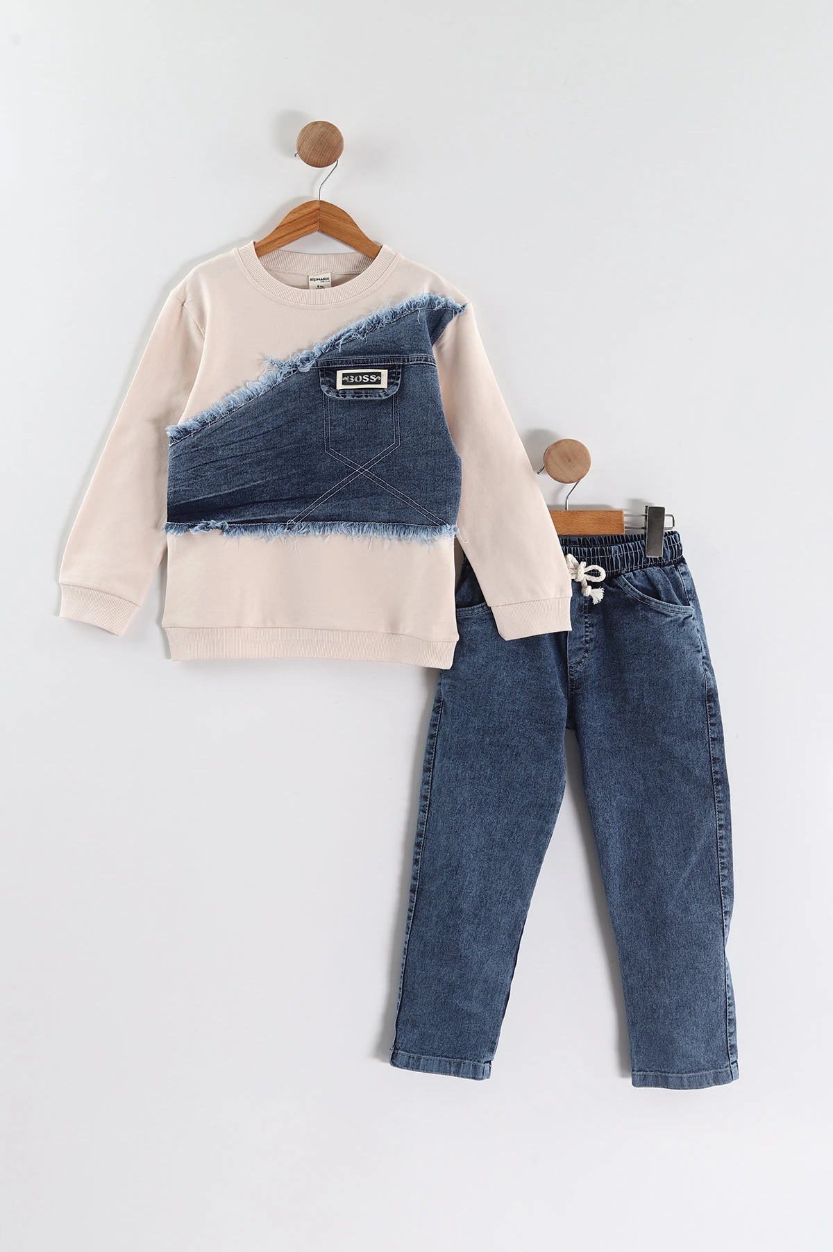 Ekru (1-9 Yaş ) Kot Detay Sweatli Kot Pantolonlu Kız Çocuk 2'li Takım 440114