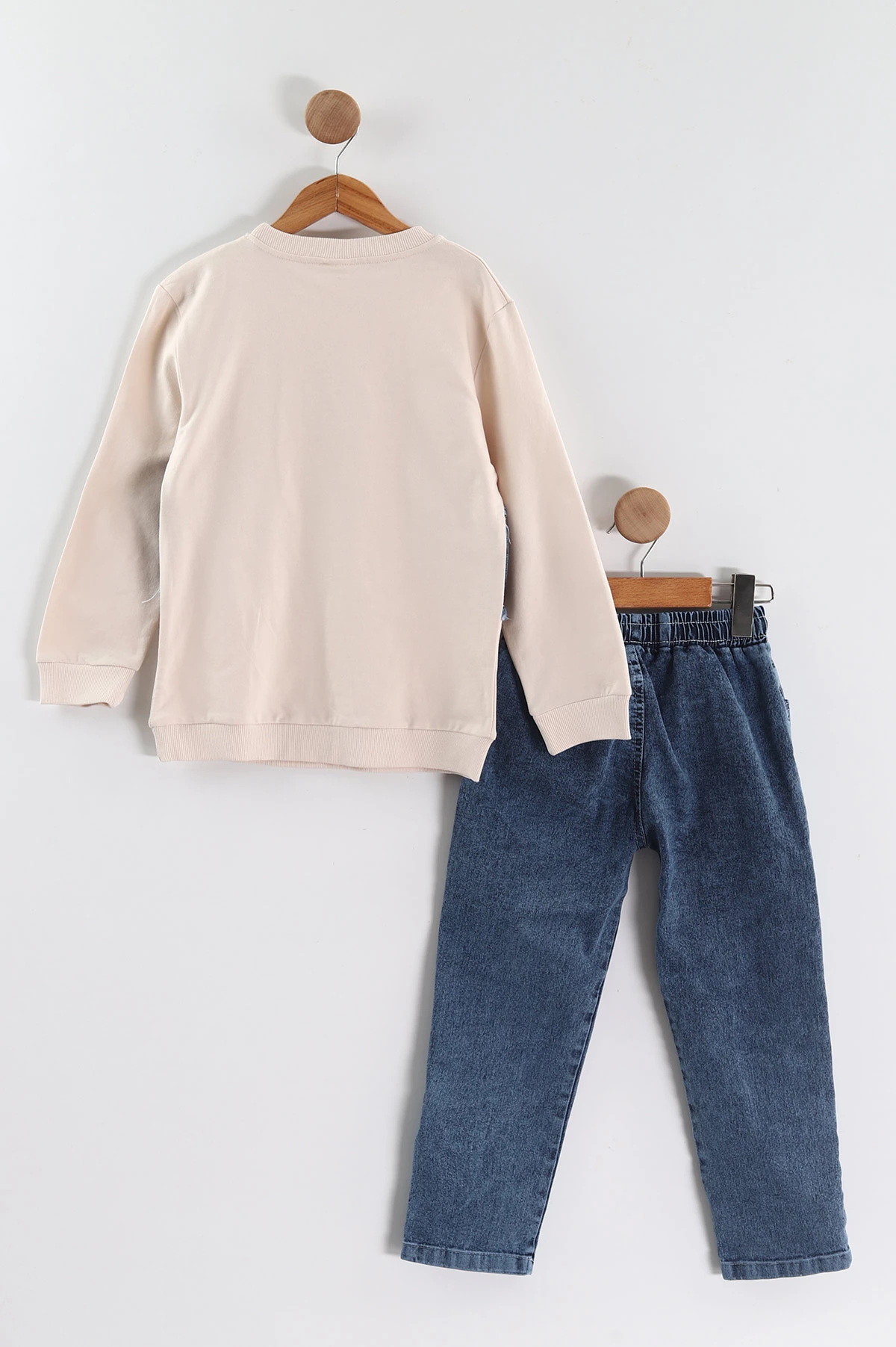 Ekru (1-9 Yaş ) Kot Detay Sweatli Kot Pantolonlu Kız Çocuk 2'li Takım 440114