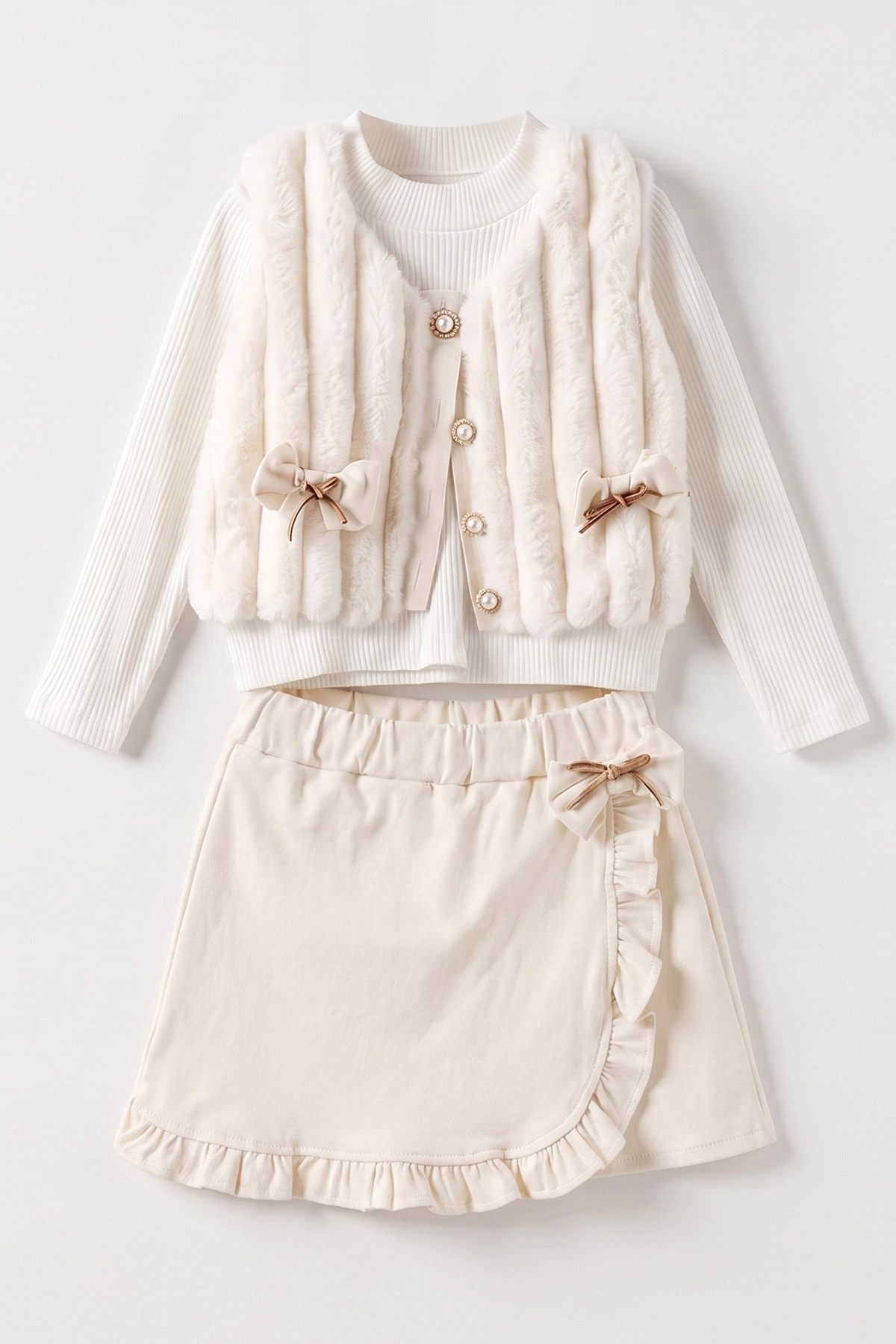 Ekru (2-6 Yaş) Gabardin Şort Etekli Peluş Yelekli Kız Çocuk 3'Lü Takım 483646