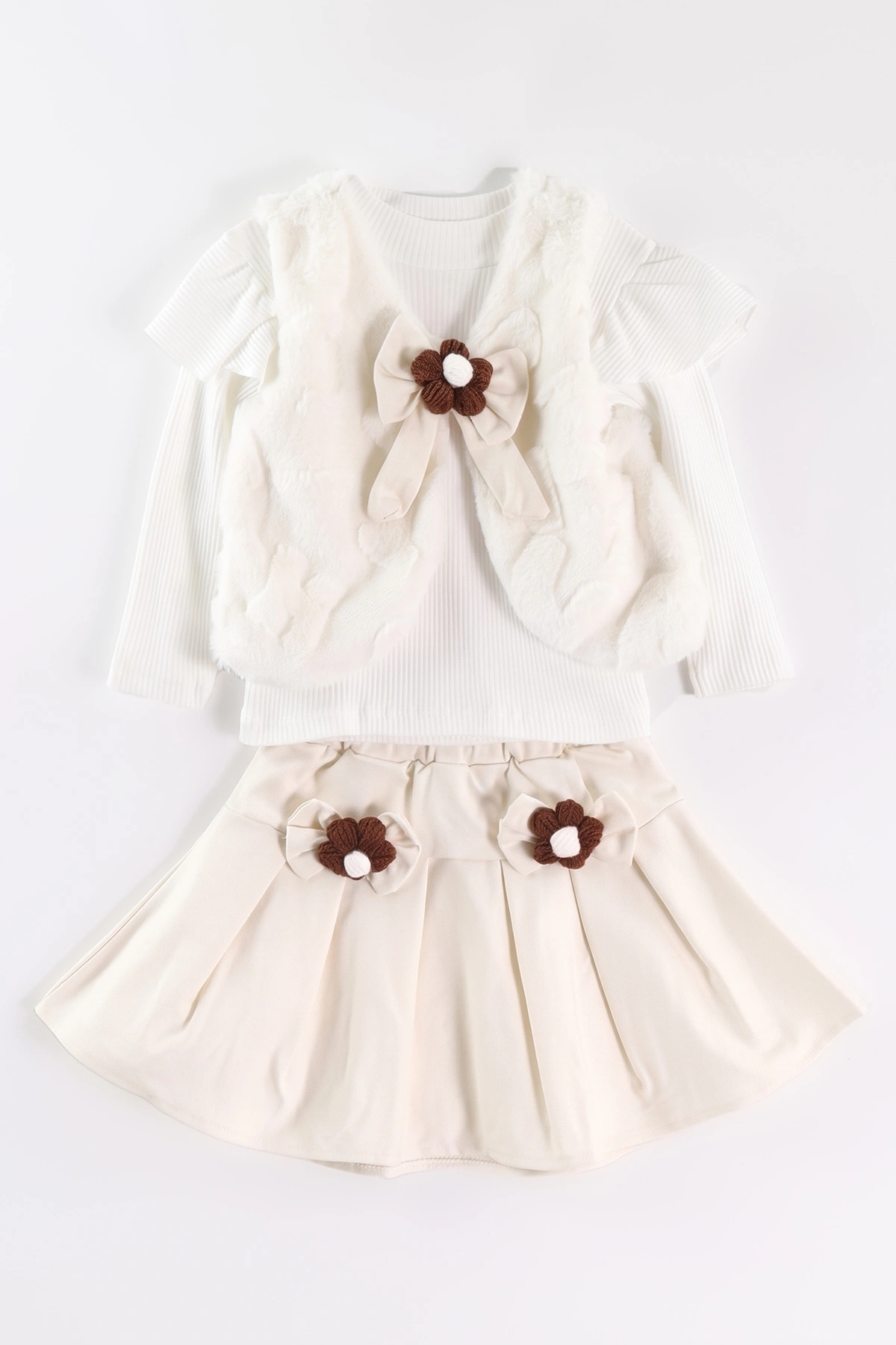 Ekru (2-6 Yaş)Gabardin Etekli Peluş Yelekli Kız Çocuk 3'lü Takım 500254