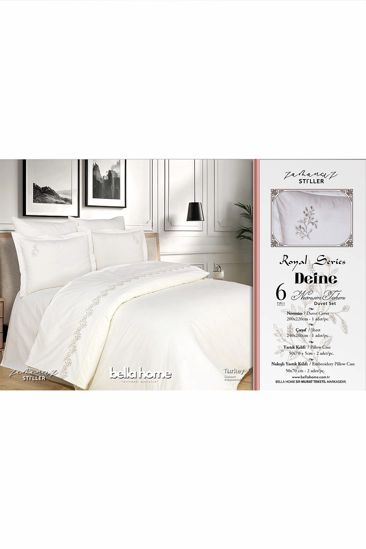 Ekru 200x220 Cm Bella Home Defne Çift Kişilik 6 Parça Nakışlı Nevresim Takımı 474575