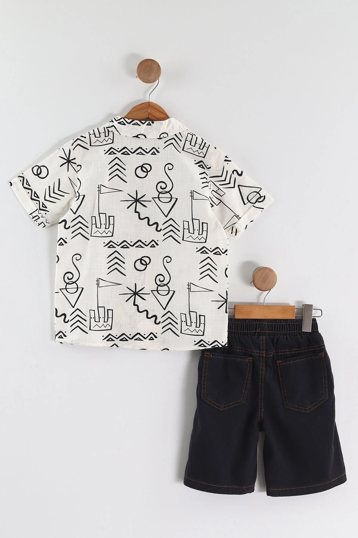 Ekru (3-10 Yaş)Apaş Yaka Etnik Desen Gabardin Şortlu Erkek Çocuk Takım 459865