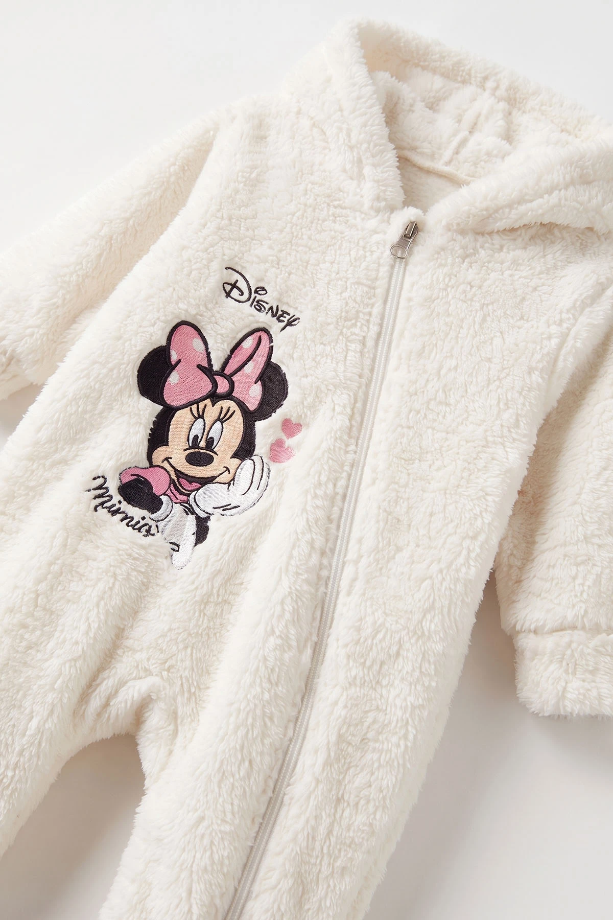 Ekru (3-12 Ay) Karakter Nakışlı  Kapüşonlu Peluş Kız Bebek Tulum 495676