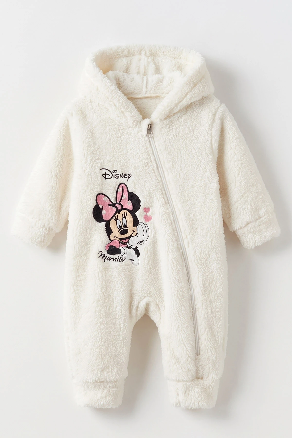 Ekru (3-12 Ay) Karakter Nakışlı Kapüşonlu Peluş Kız Bebek Tulum 495676