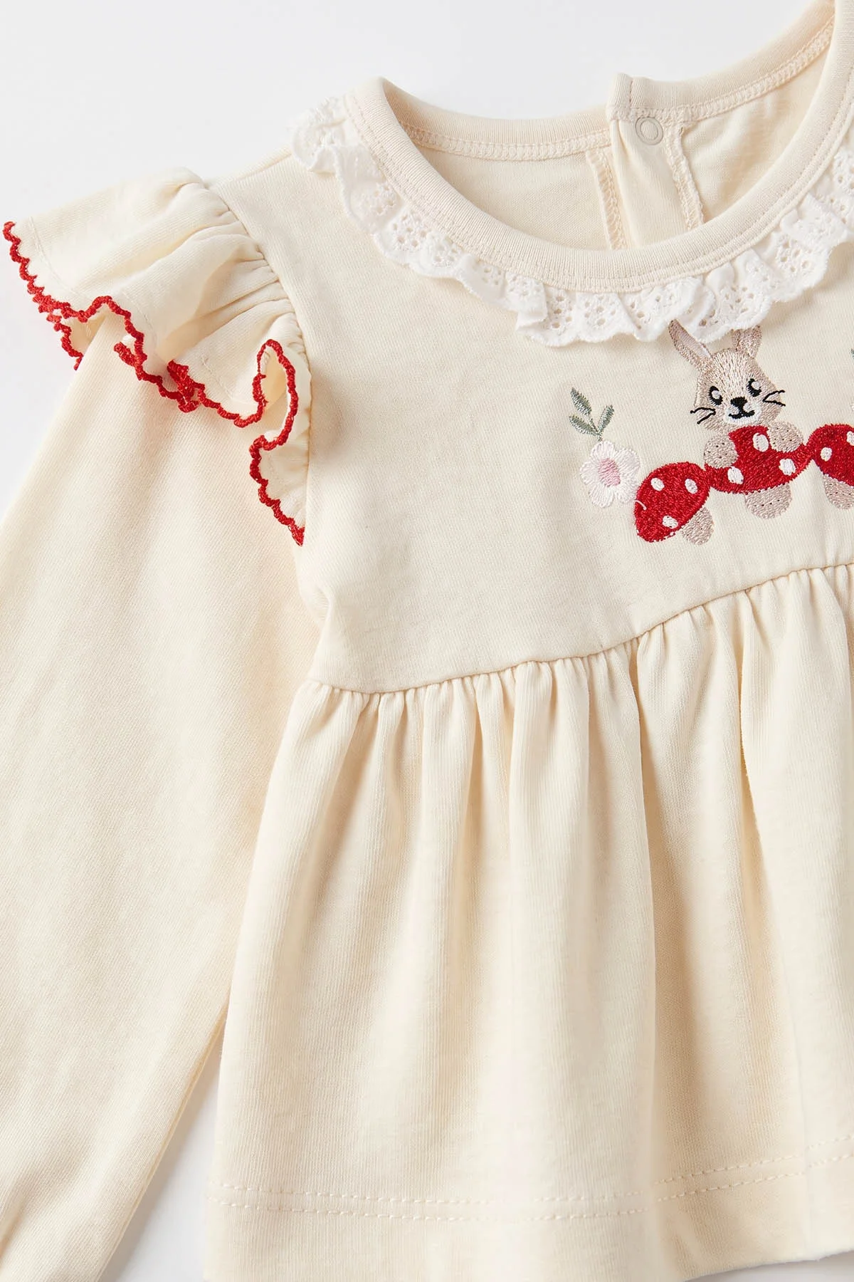 Ekru (3-12 Ay) Mantar Nakışlı Fırfırlı Kız Bebek 2'li Takım 476030