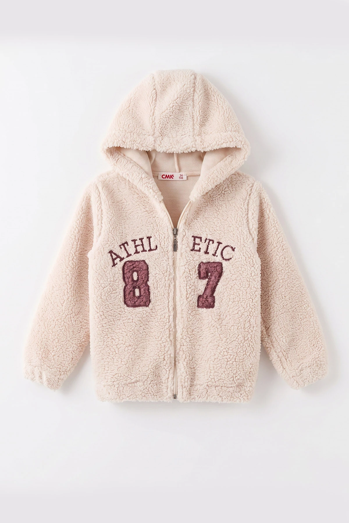 Ekru (3-12 Yaş)Athletic Nakışlı Kapüşonlu  Fermuarlı Polar Kuzu Hırka 484862