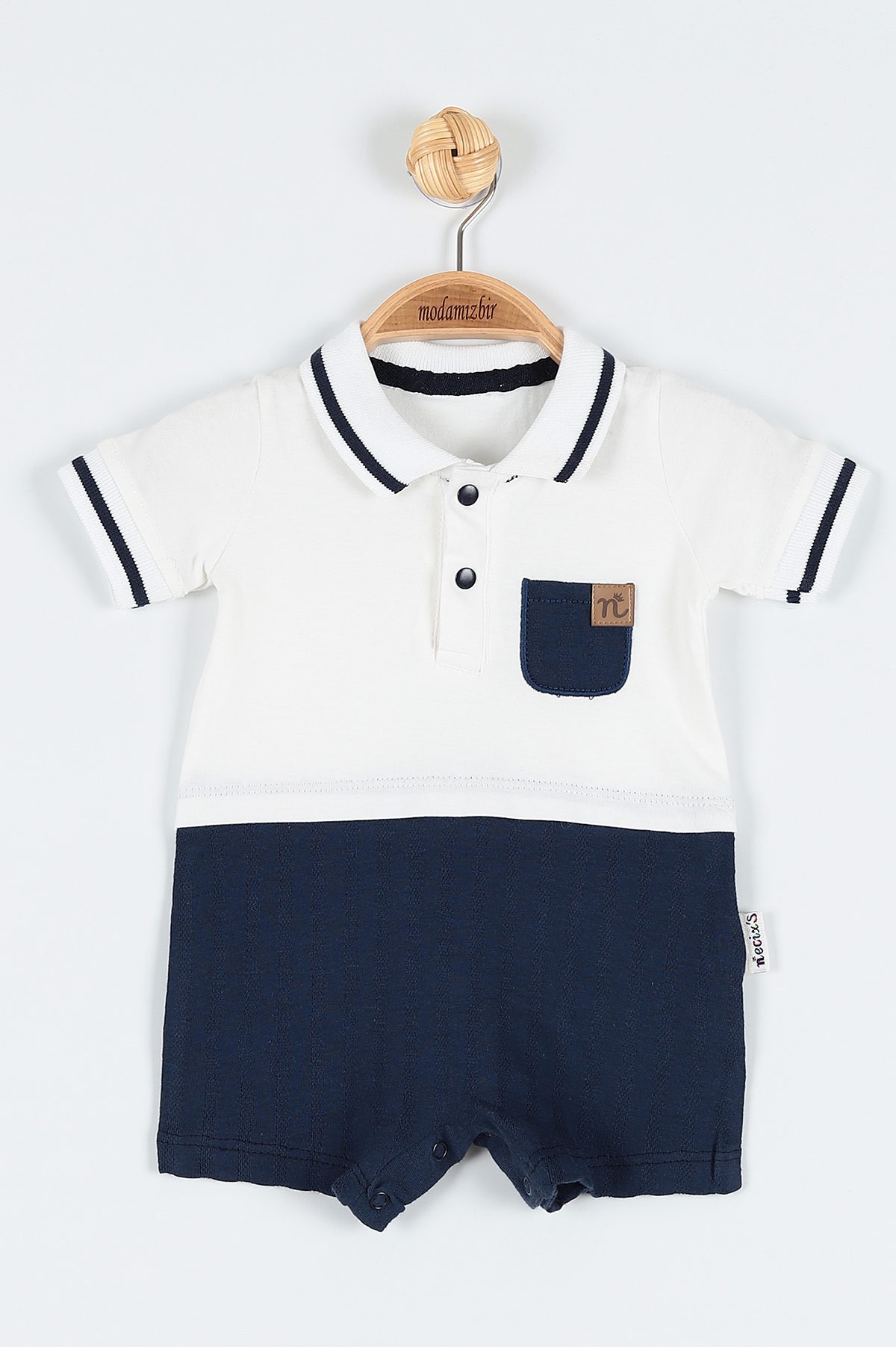 Ekru (3-15 Ay) Çizgili Polo Yakalı Cep Detaylı Erkek Bebe Tulum 179741