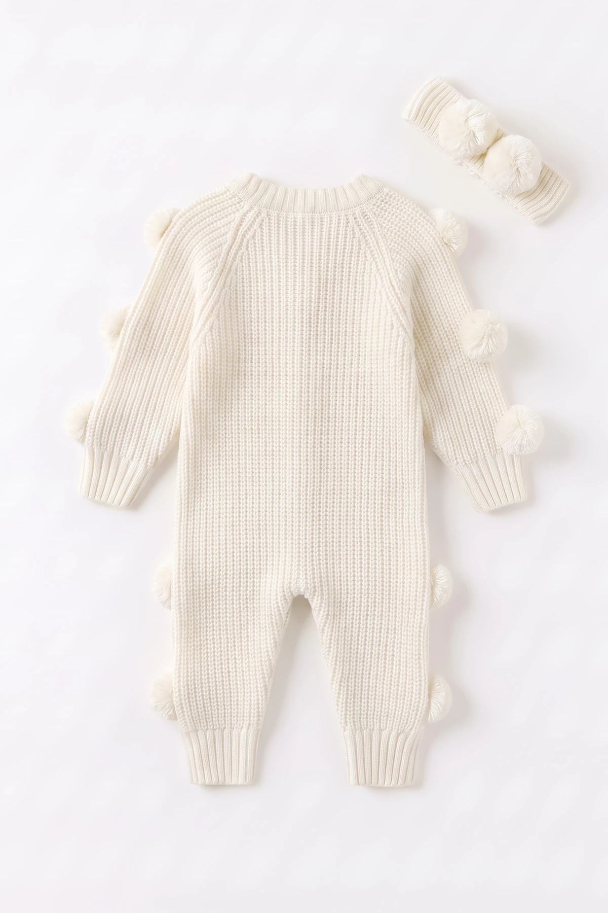 Ekru (3-24 Ay) Selanik Örgülü Ponponlu Bandana Aksesuarlı Kız Bebek Triko Tulum 474597